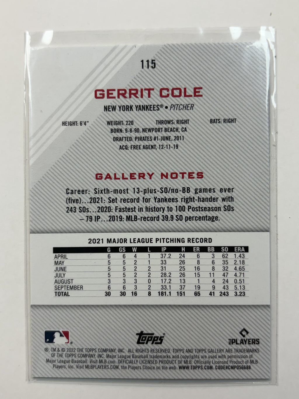 2022 Topps Gallery #115 Gerrit Cole New York Yankees