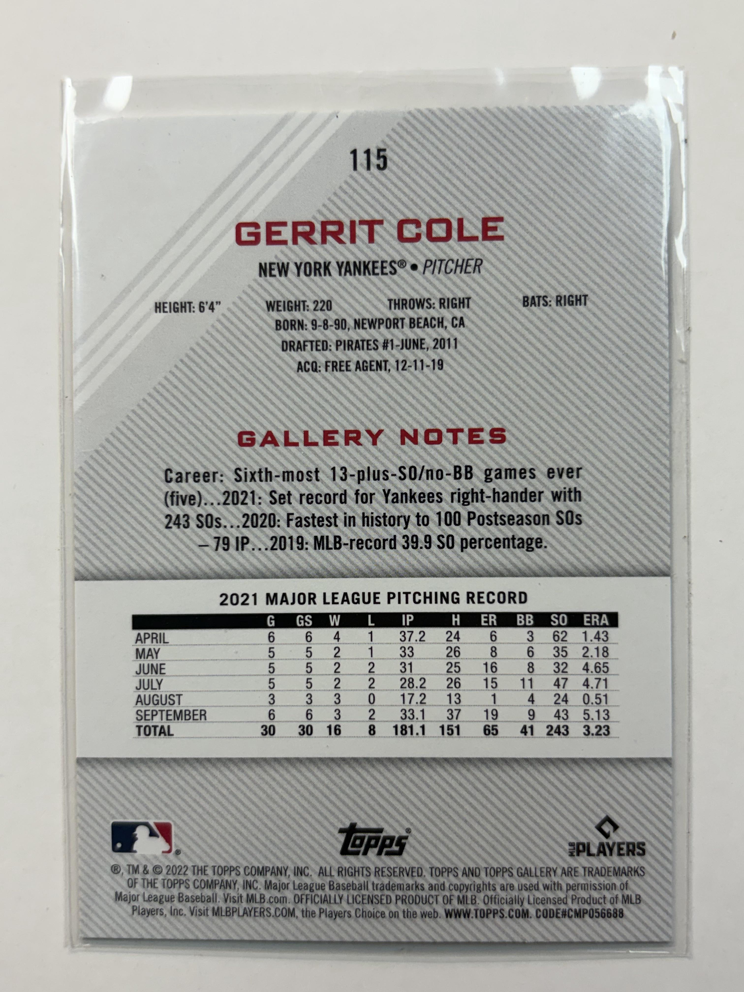 2022 Topps Gallery #115 Gerrit Cole New York Yankees