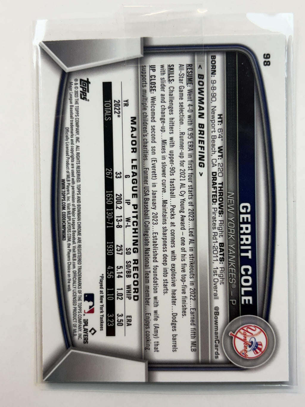 2023 Bowman Chrome 98 Gerrit Cole New York Yankees - Polish Kings Auto Detail & Customs