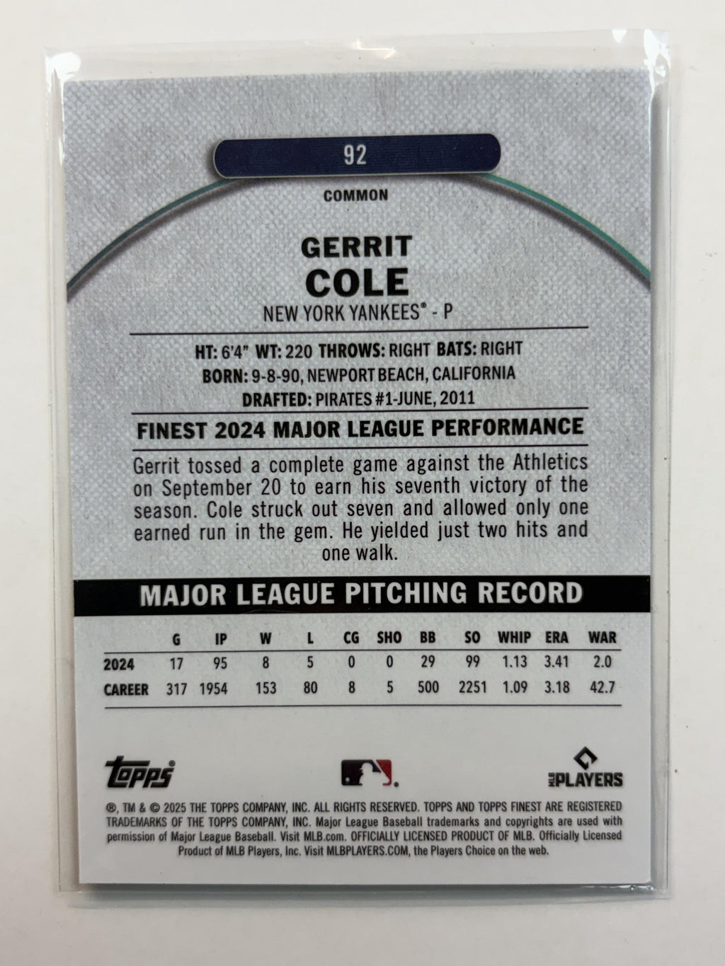 2025 Topps Finest 92 Gerrit Cole X-FractorNew York Yankees - Polish Kings Auto Detail & Customs