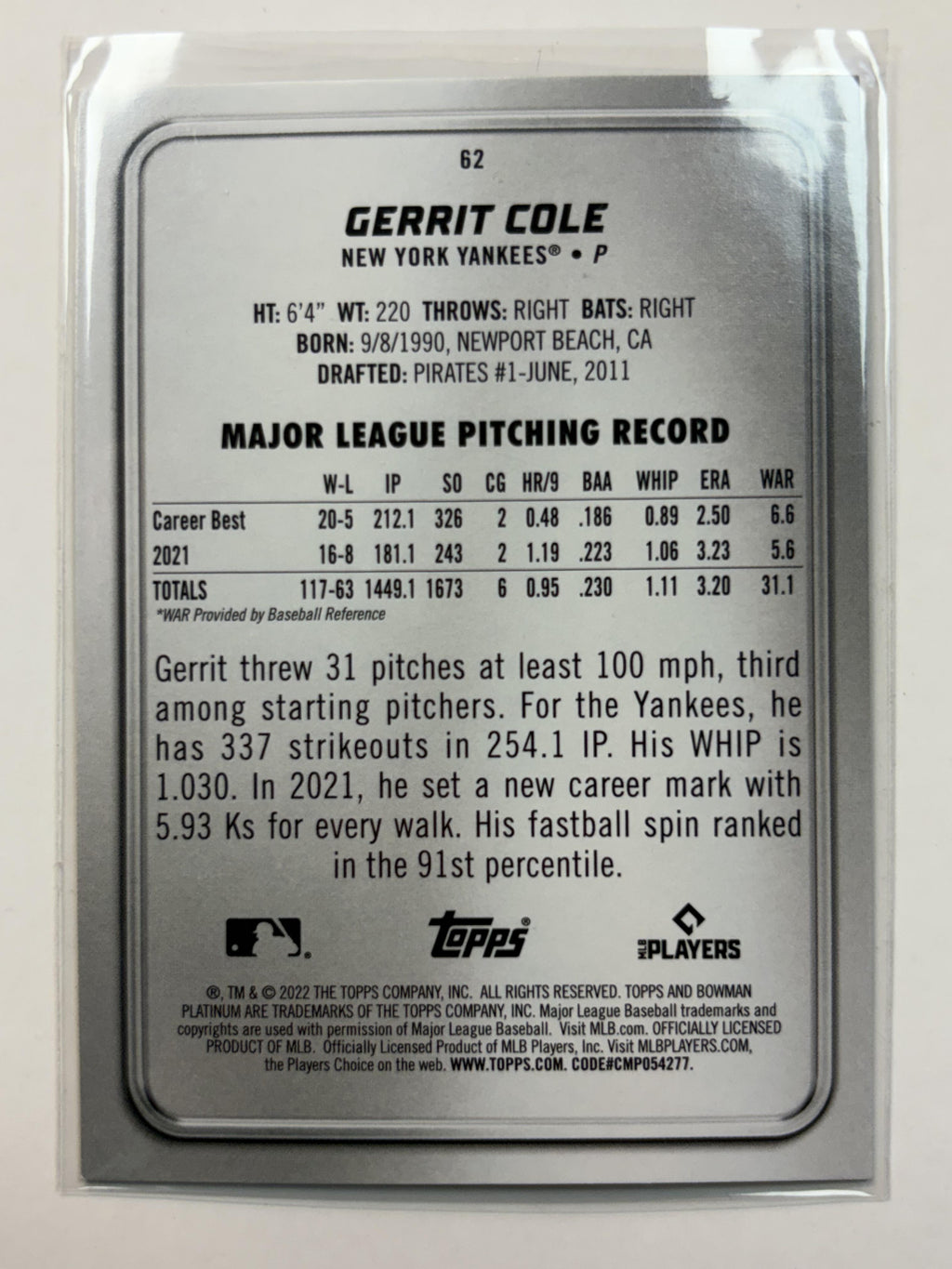 2022 Bowman Platinum #62 Gerrit Cole New York Yankees