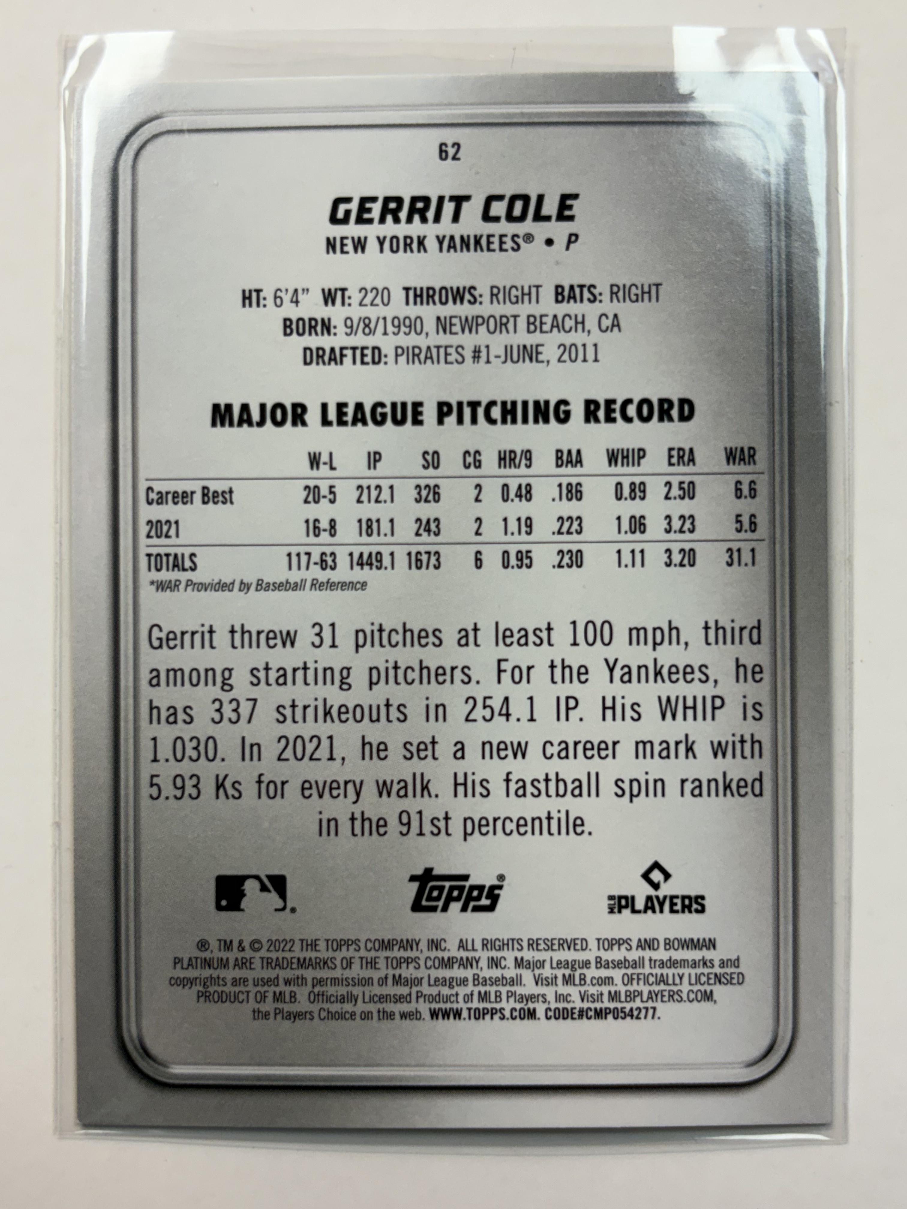 2022 Bowman Platinum #62 Gerrit Cole New York Yankees