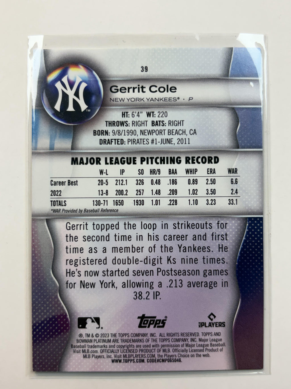 2023 Bowman Platinum 39 Gerrit Cole New York Yankees - Polish Kings Auto Detail & Customs