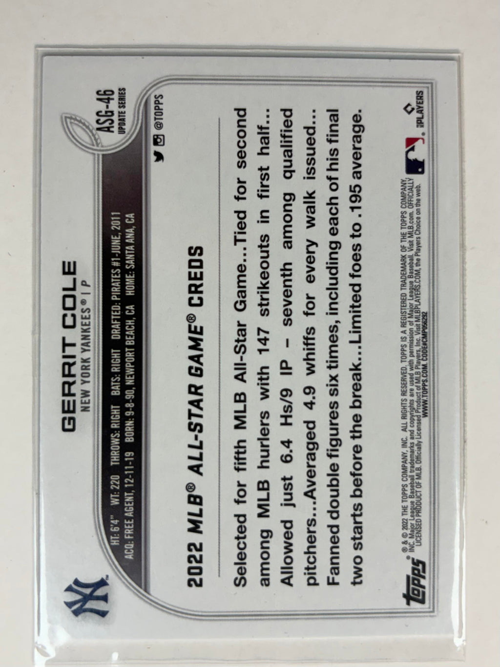 2022 Topps Update #ASG-46 Gerrit Cole 2022 MLB All-Star Game New York Yankees
