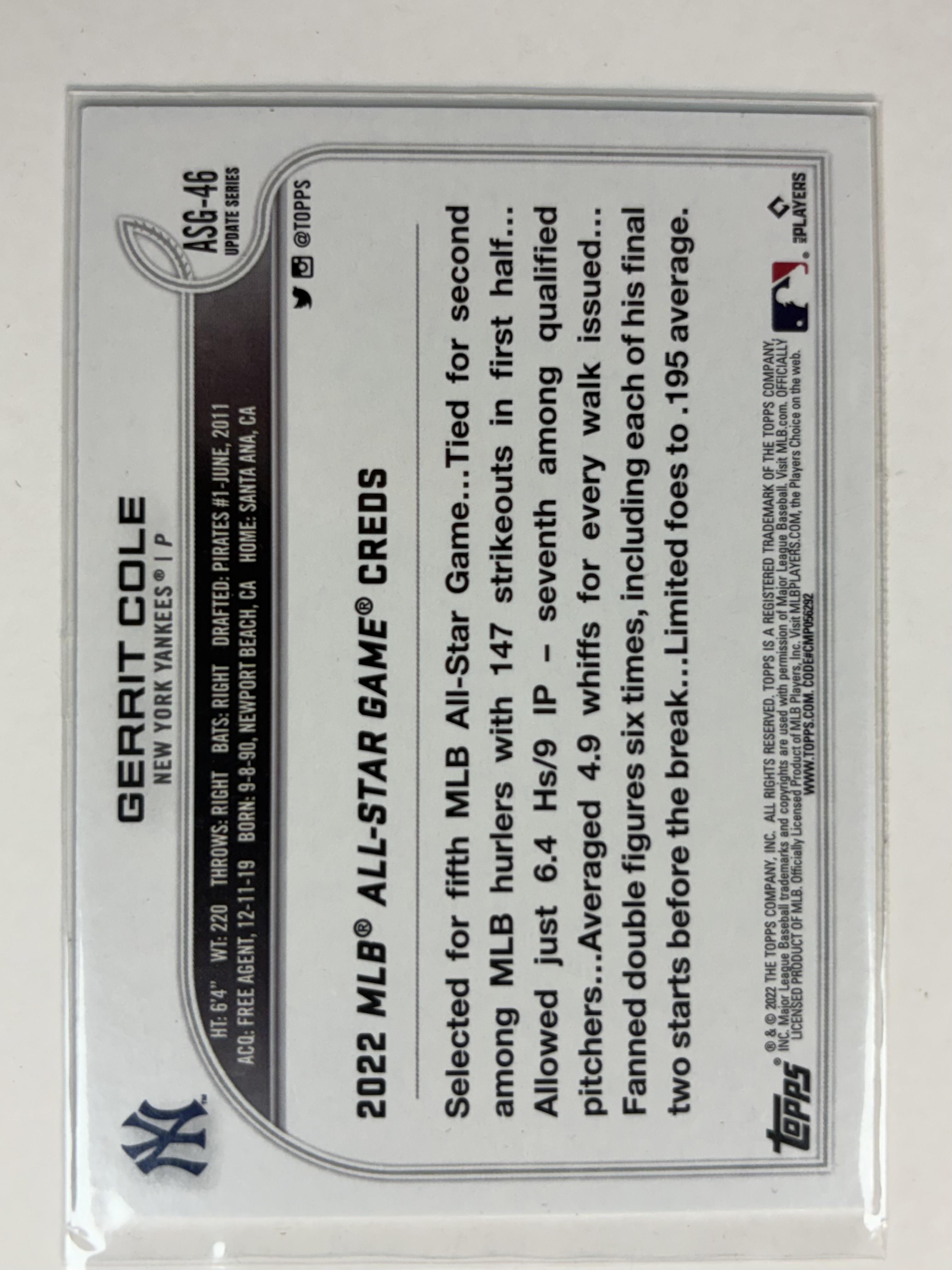 2022 Topps Update #ASG-46 Gerrit Cole 2022 MLB All-Star Game New York Yankees