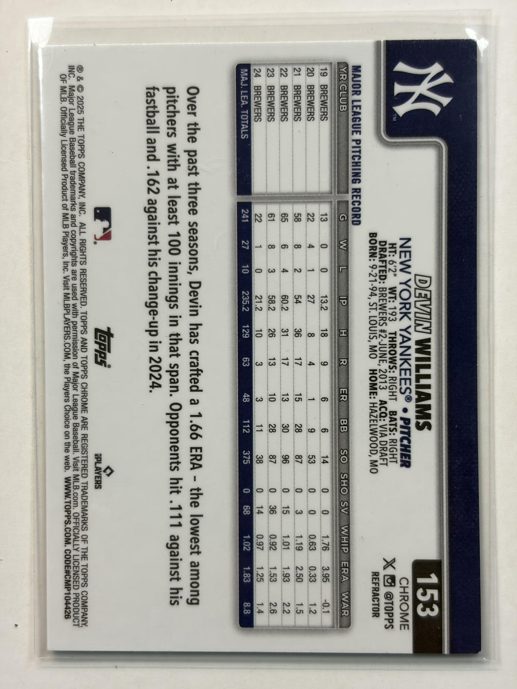 2025 Topps Chrome #153 Devin Williams  Silver Refractors New York Yankees