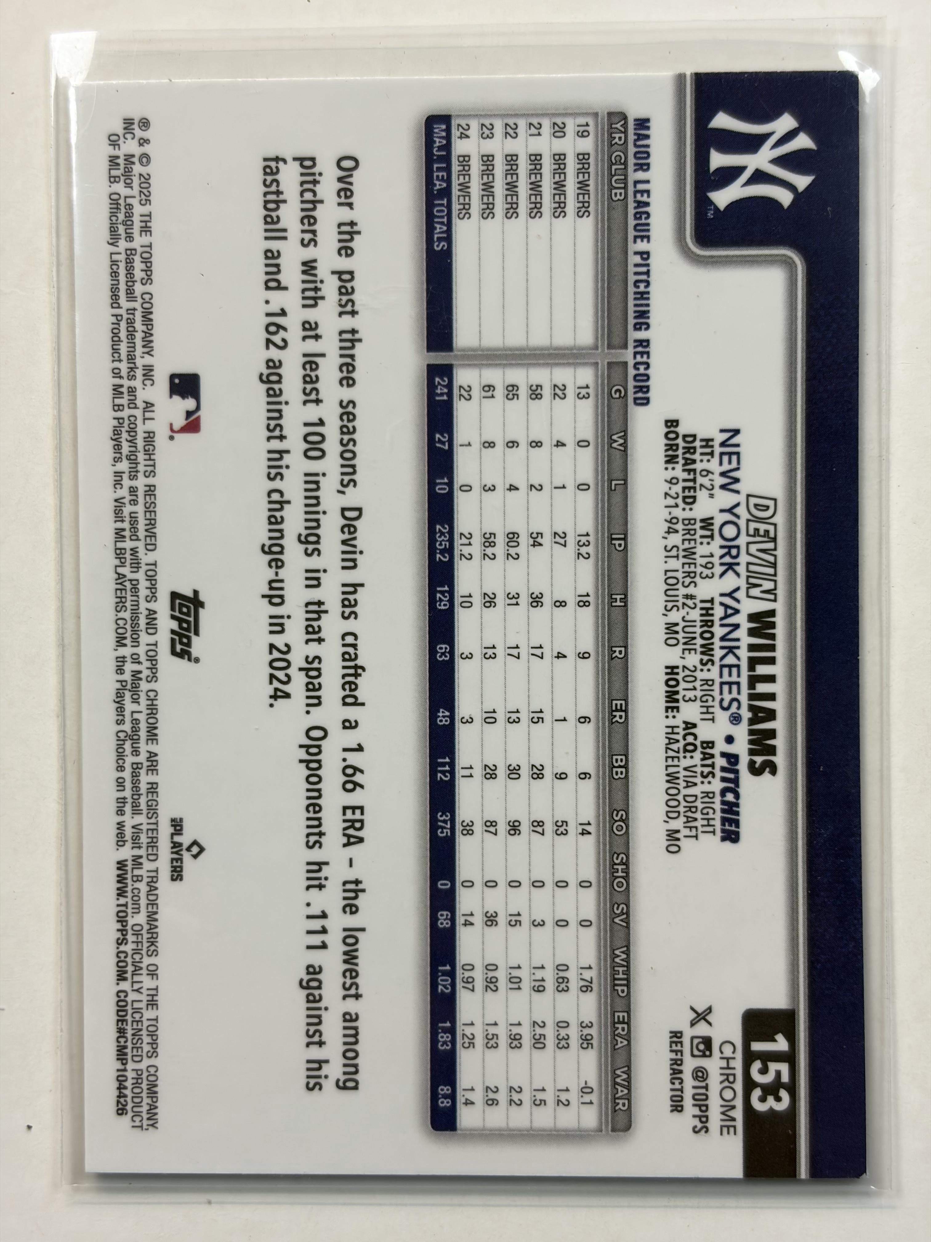 2025 Topps Chrome #153 Devin Williams  Silver Refractors New York Yankees
