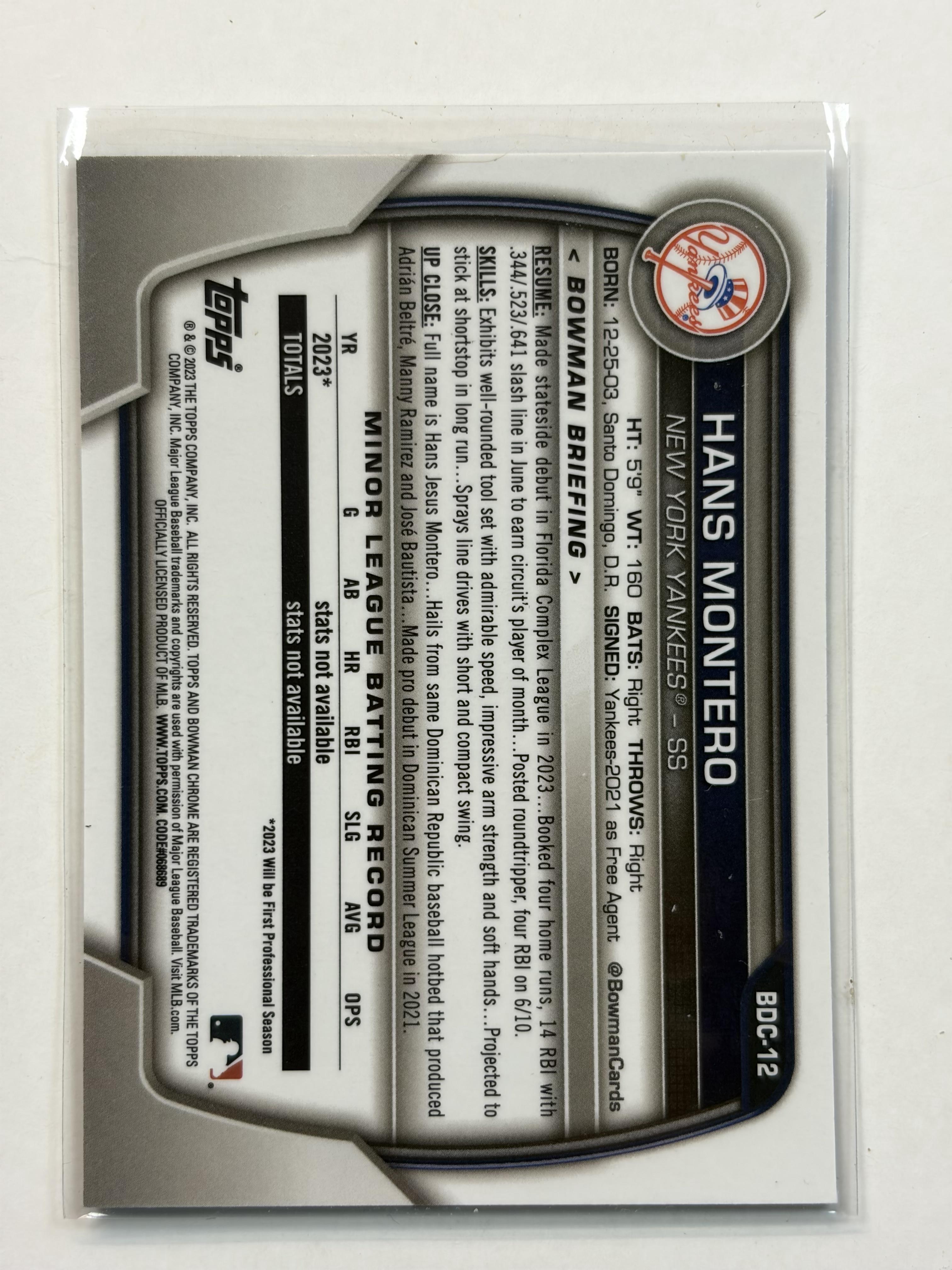 2023 Bowman Draft Sapphire Edition BDC-12 Hans Montero New York Yankees - Polish Kings Auto Detail & Customs