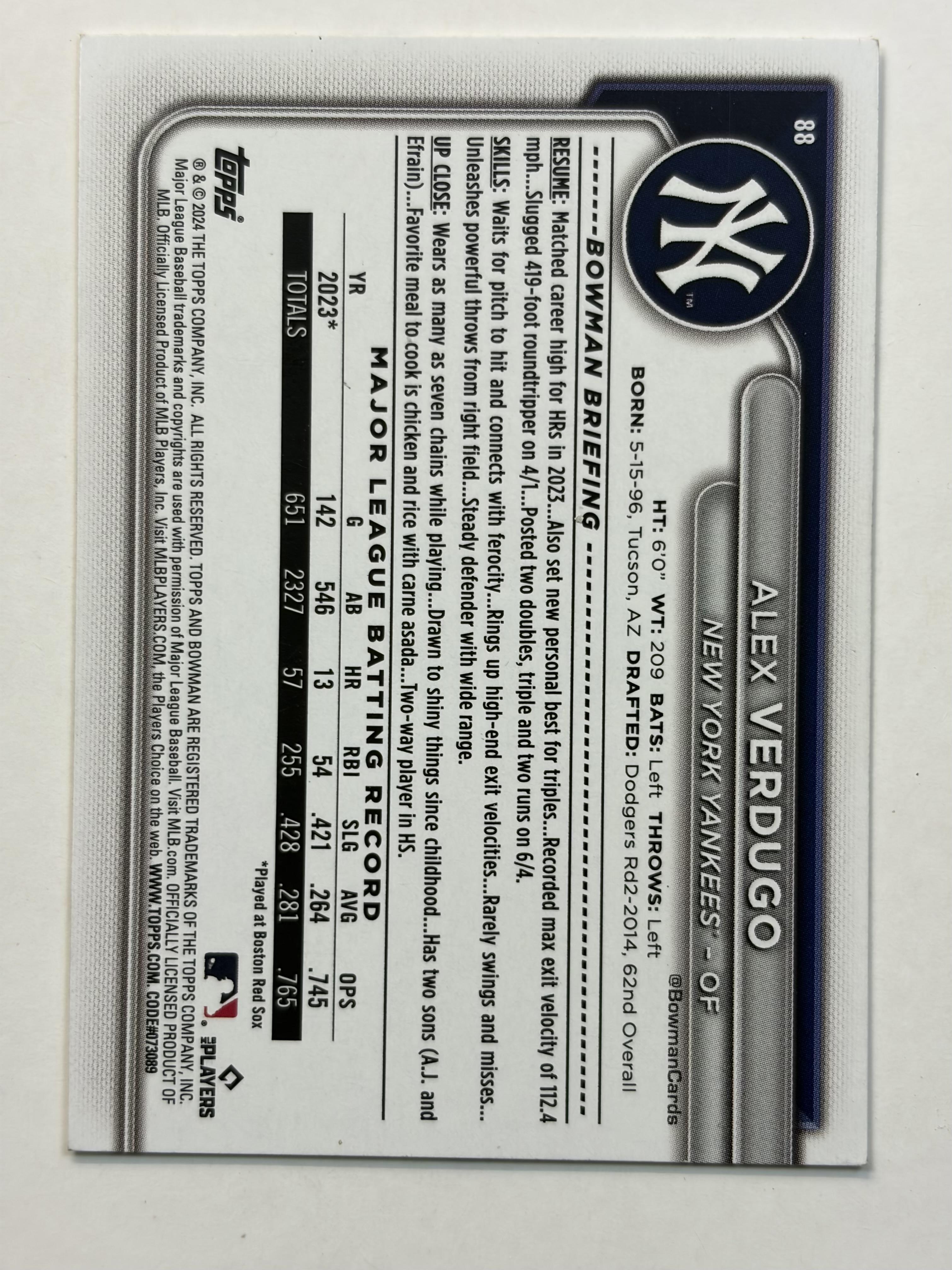 2024 Bowman #88 Alex Verdugo New York Yankees