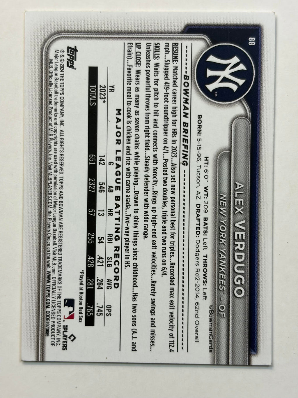 2024 Bowman #88 Alex Verdugo New York Yankees
