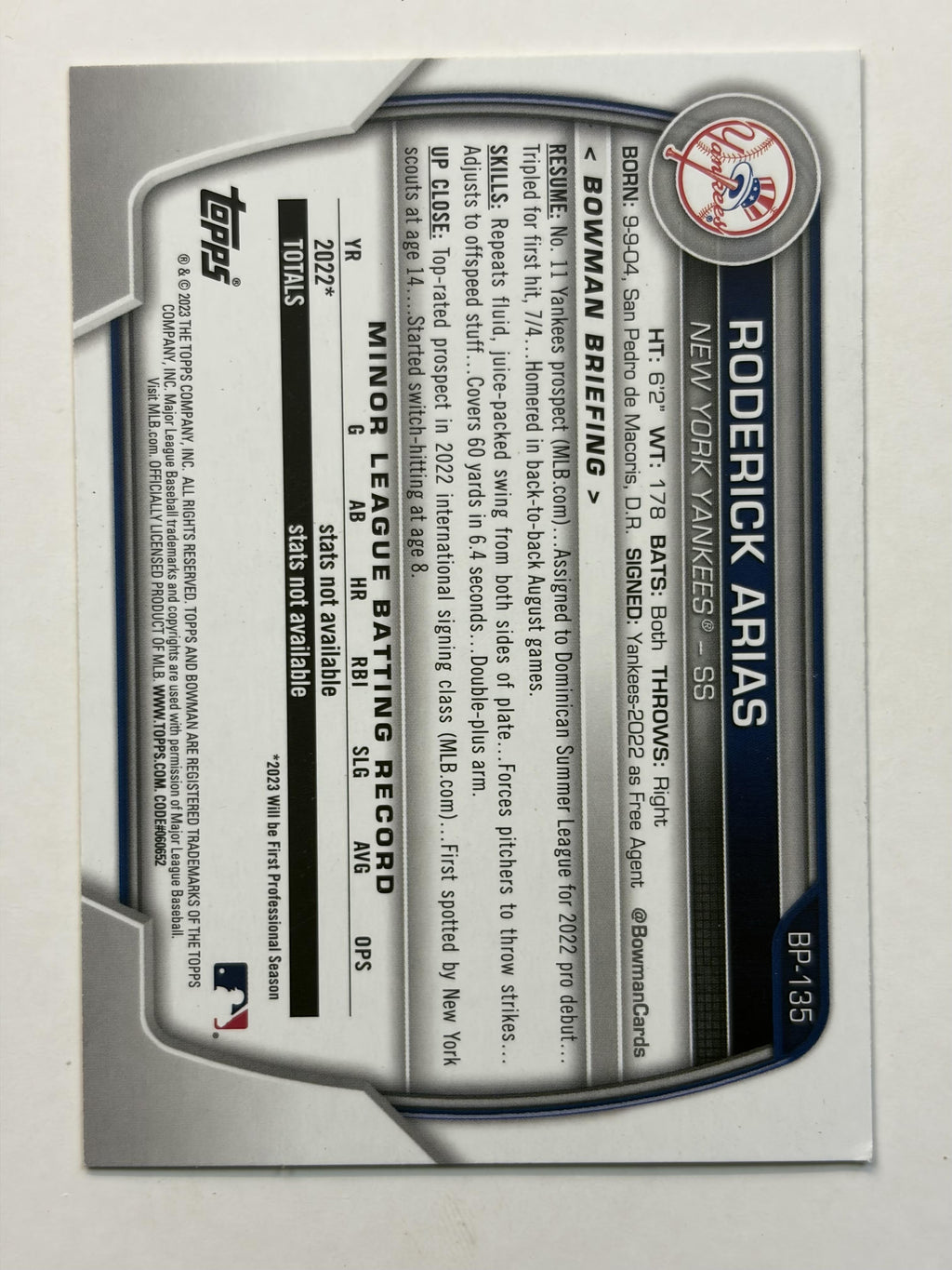 2023 Bowman Prospect BP-135 Roderick Arias New York Yankees - Polish Kings Auto Detail & Customs
