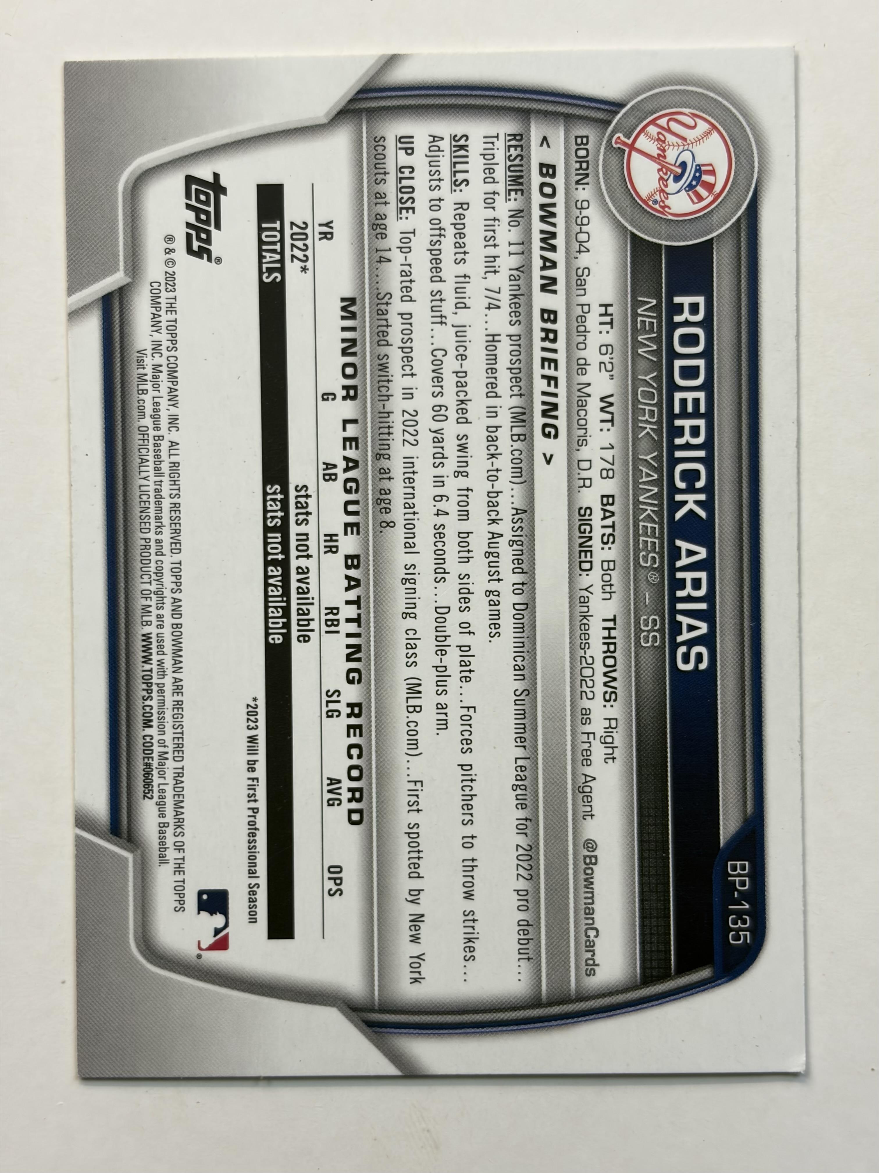 2023 Bowman Prospect BP-135 Roderick Arias New York Yankees - Polish Kings Auto Detail & Customs