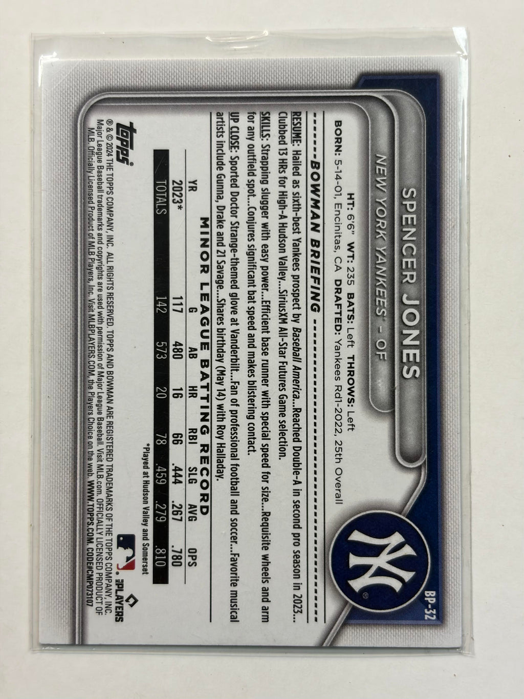 2024 Bowman #BP-32 Spencer Jones Prospects New York Yankees