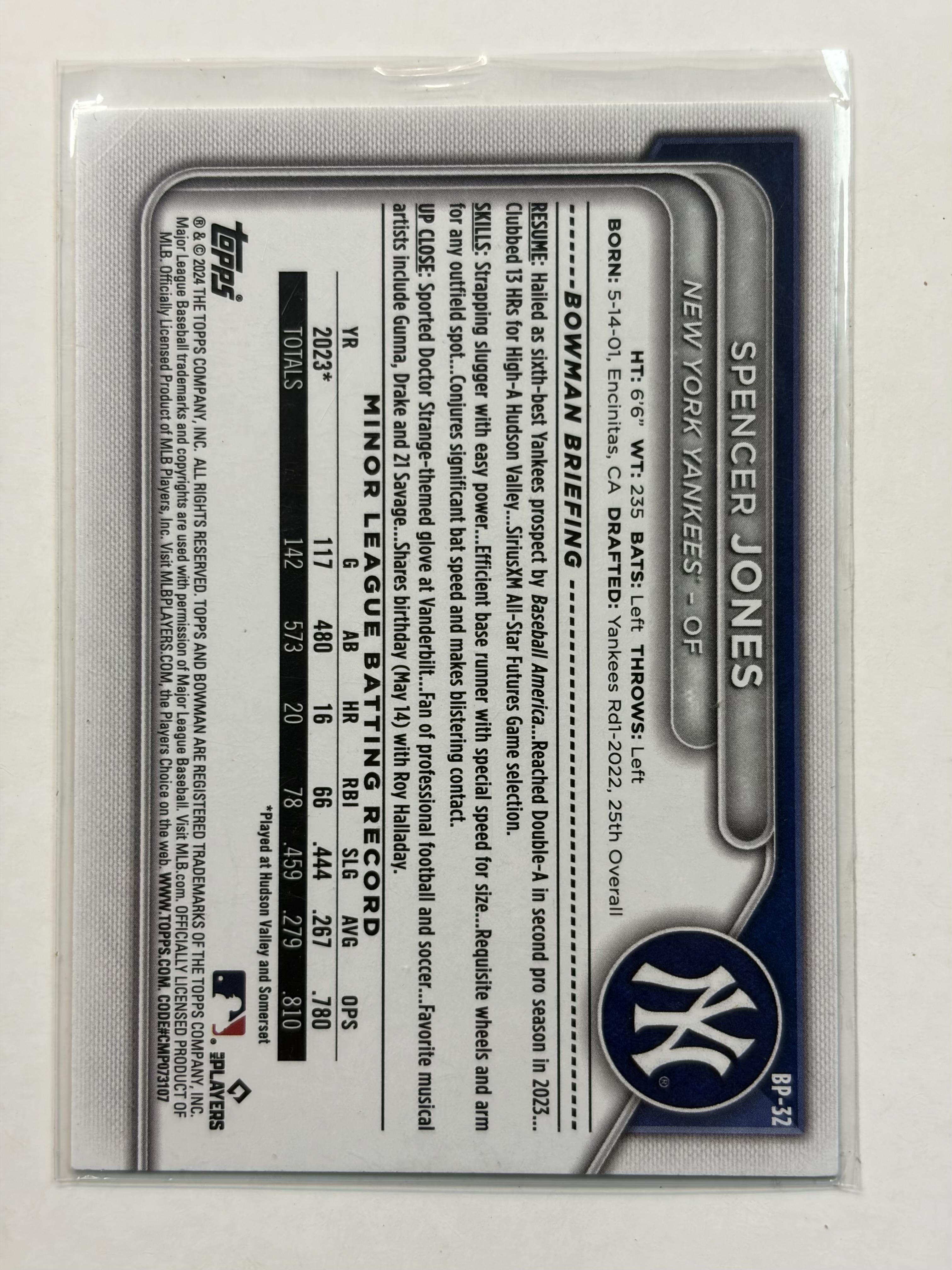 2024 Bowman #BP-32 Spencer Jones Prospects New York Yankees