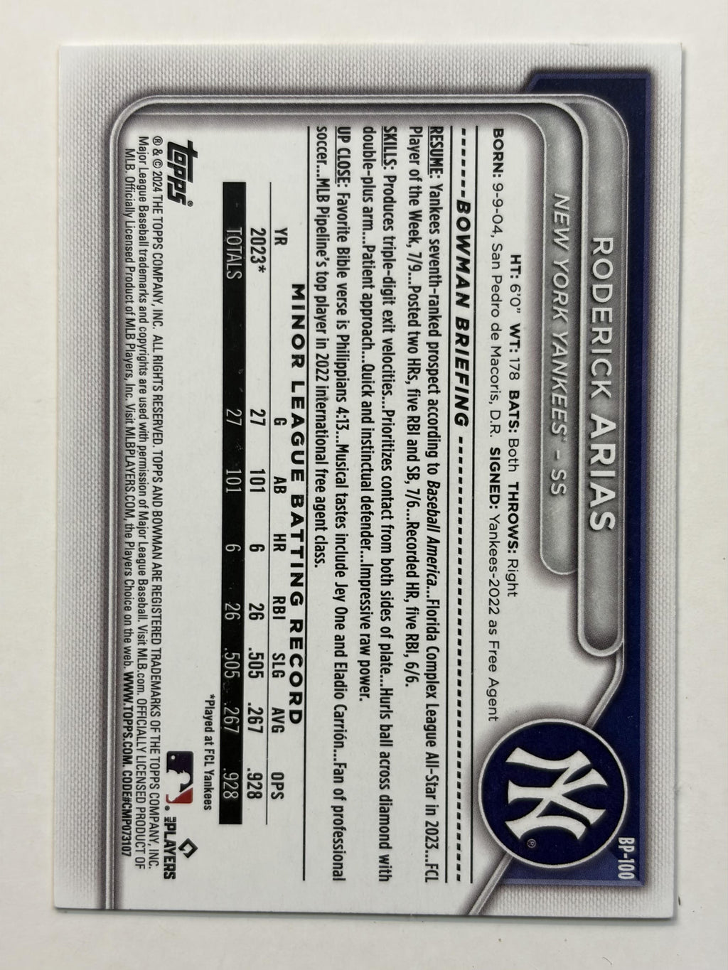 2024 Bowman Prospect BP-100 Roderick Arias Prospects - Polish Kings Auto Detail & Customs