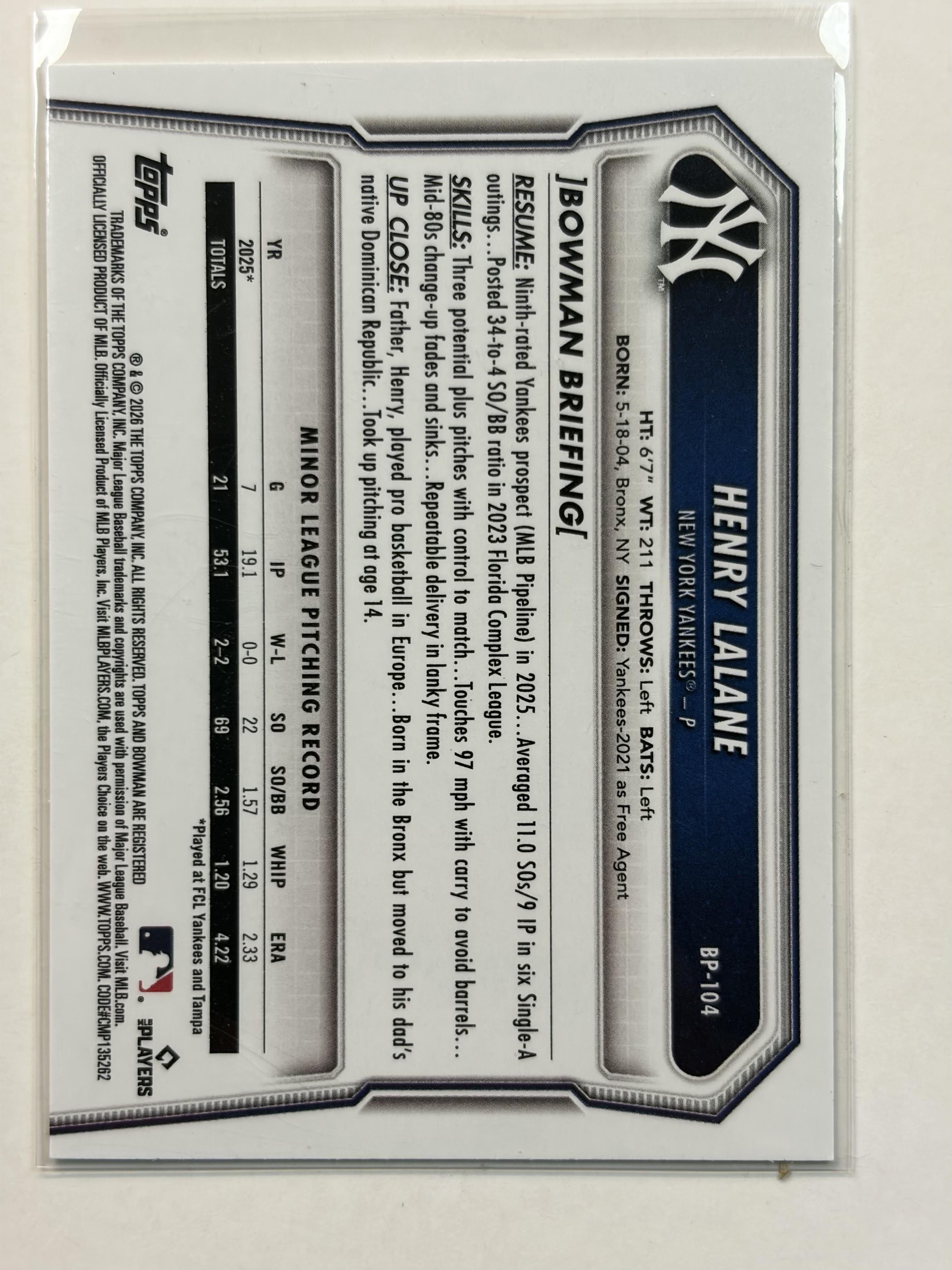 2026 Bowman BP-104 Henry Lalane Bowman 1st Prospects New York Yankees - Polish Kings Auto Detail & Customs
