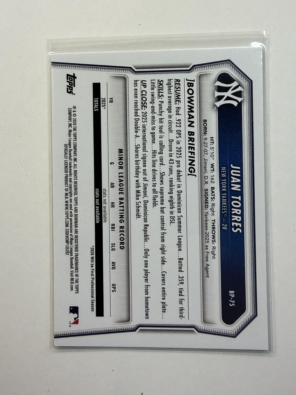 2026 Bowman 1st #BP-75 Juan Torres Bowman 1st Prospects New York Yankees