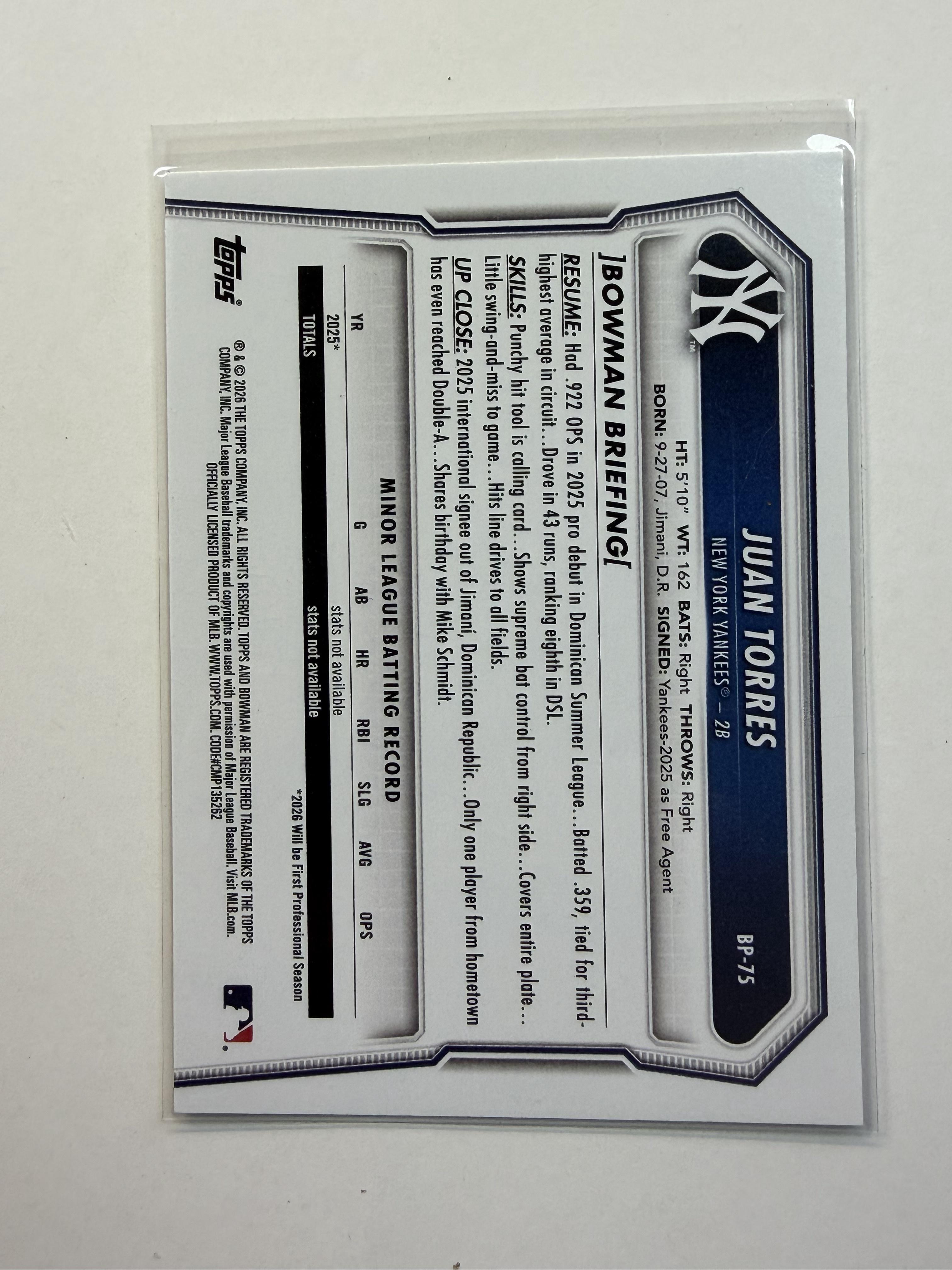 2026 Bowman 1st #BP-75 Juan Torres Bowman 1st Prospects New York Yankees