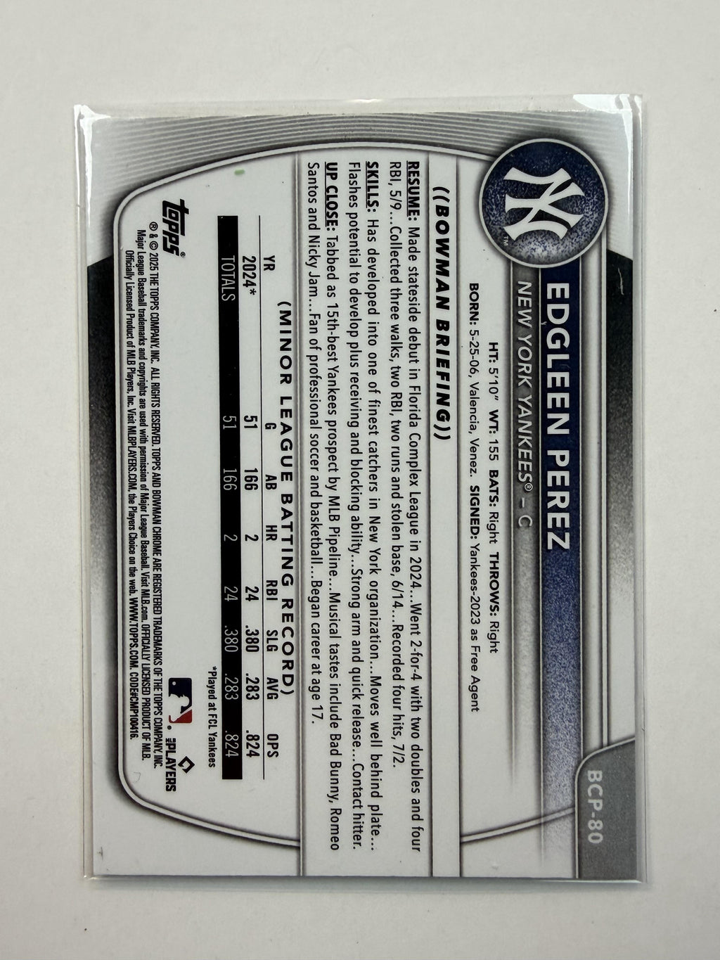 2025 Bowman Chrome #BCP-80 Edgleen Perez Bowman Chrome  1st Prospects