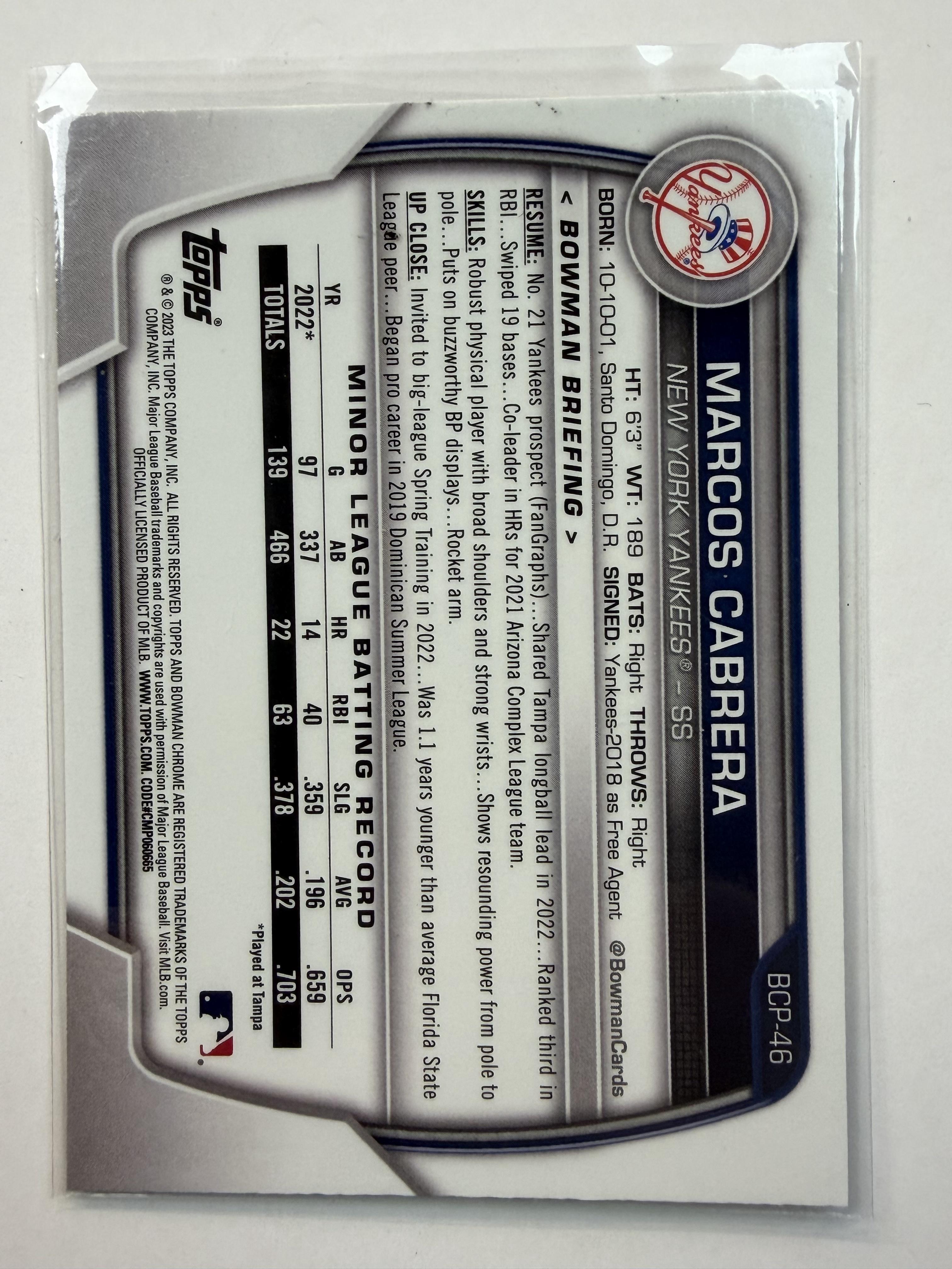 2023 Bowman Chrome BCP-46 Marcos Cabrera Bowman Chrome 1st Prospects Yankees - Polish Kings Auto Detail & Customs
