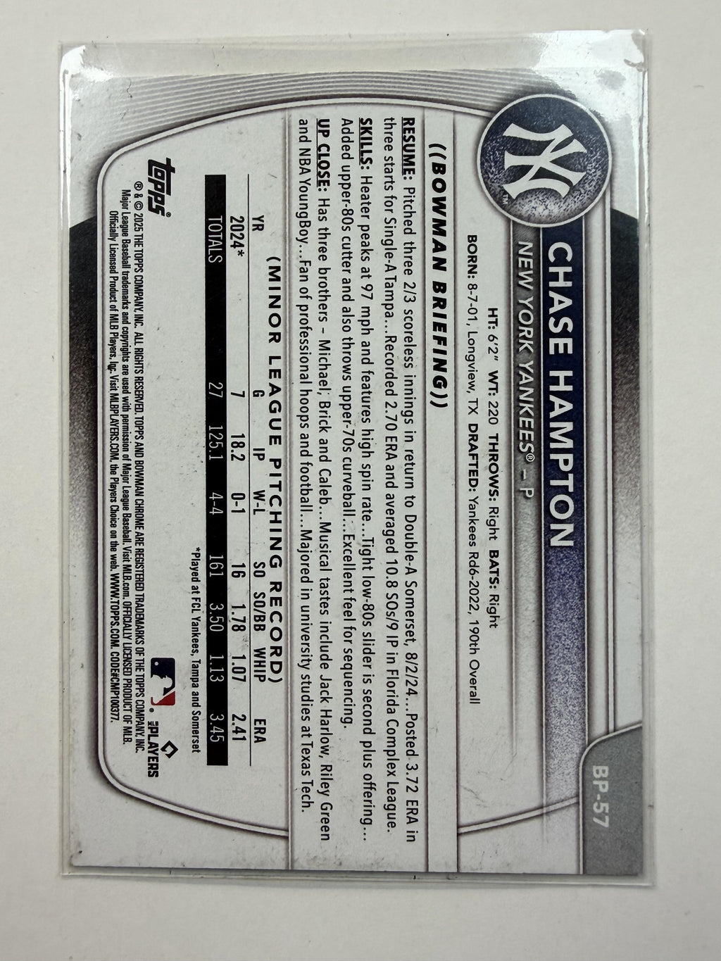 2025 Bowman #BP-57 Chase Hampton Bowman 1st Prospects New York Yankees