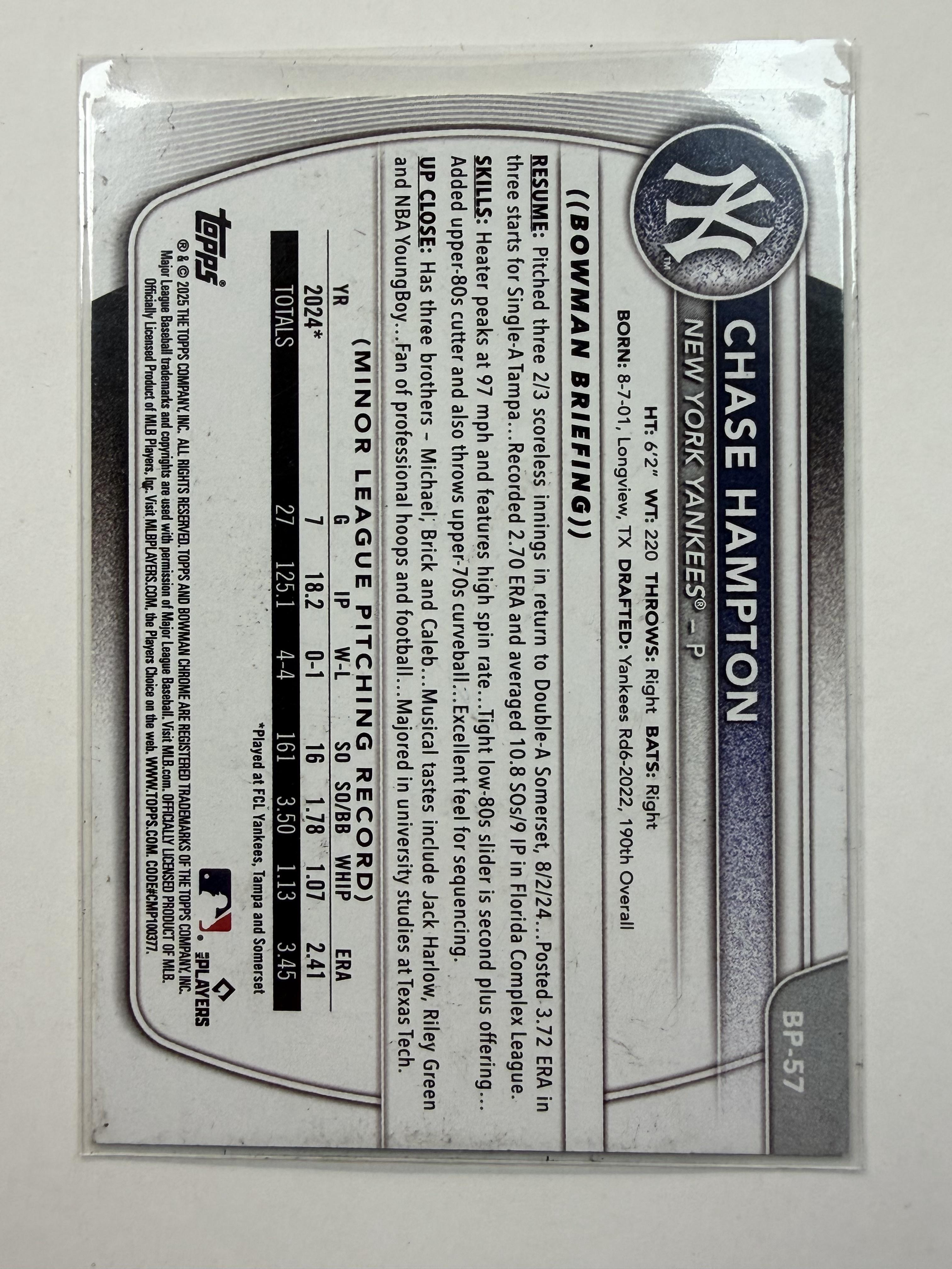 2025 Bowman #BP-57 Chase Hampton Bowman 1st Prospects New York Yankees