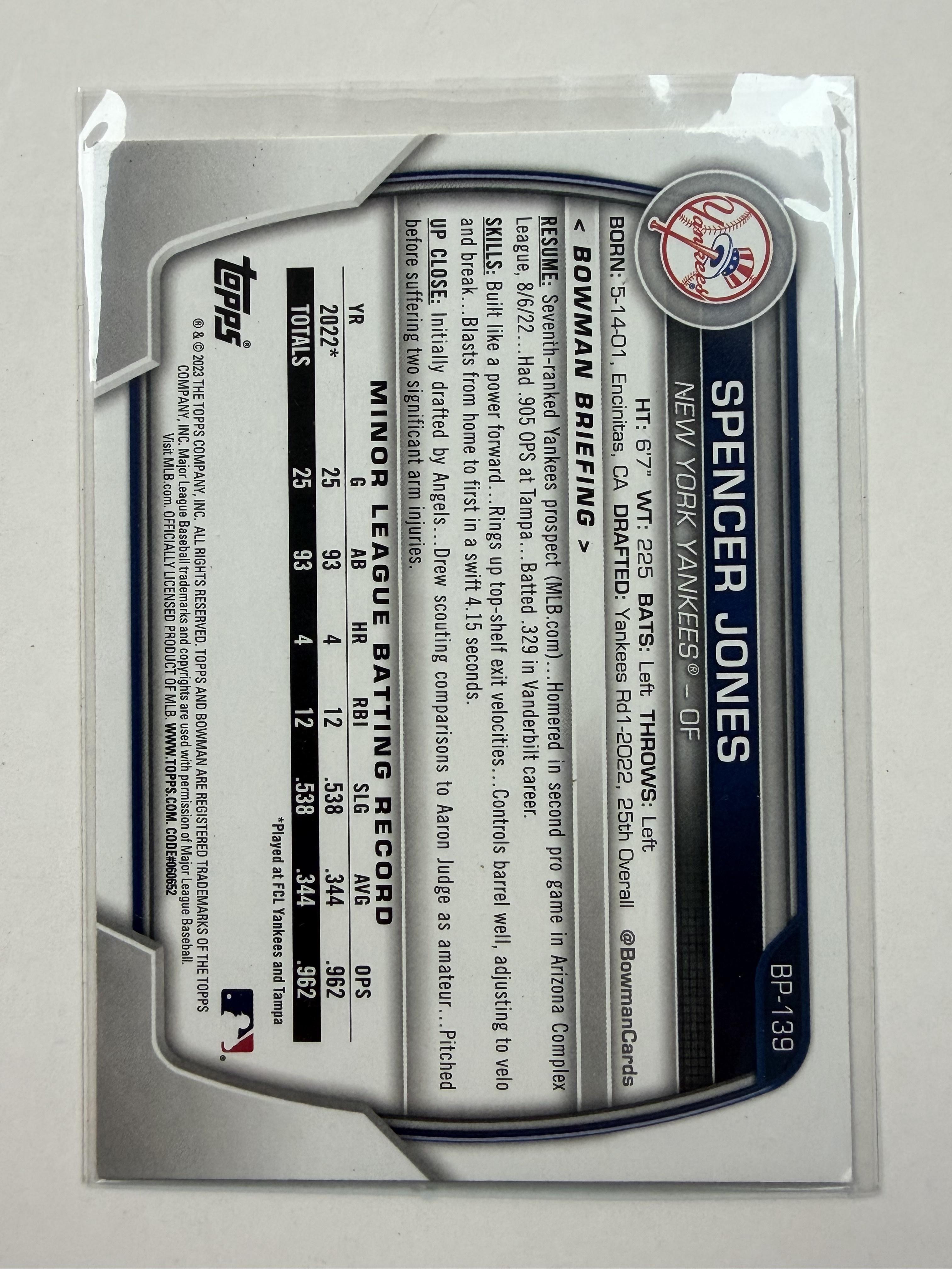 2023 Bowman BP-139 Spencer Jones Bowman 1st Prospects New York Yankees - Polish Kings Auto Detail & Customs