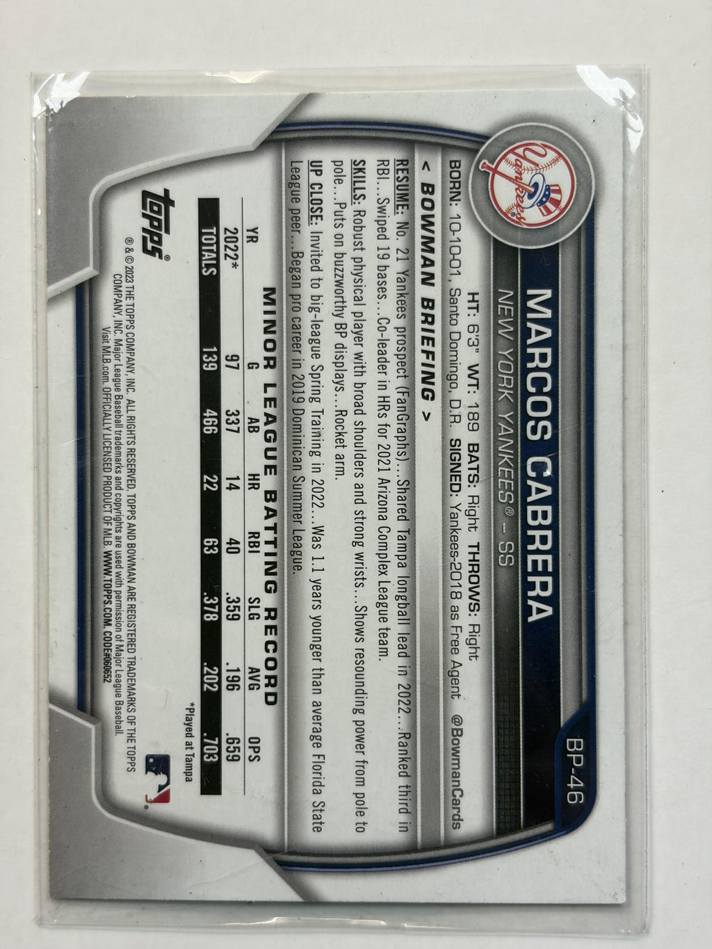 2023 Bowman #BP-46 Marcos Cabrera Bowman 1st Prospects