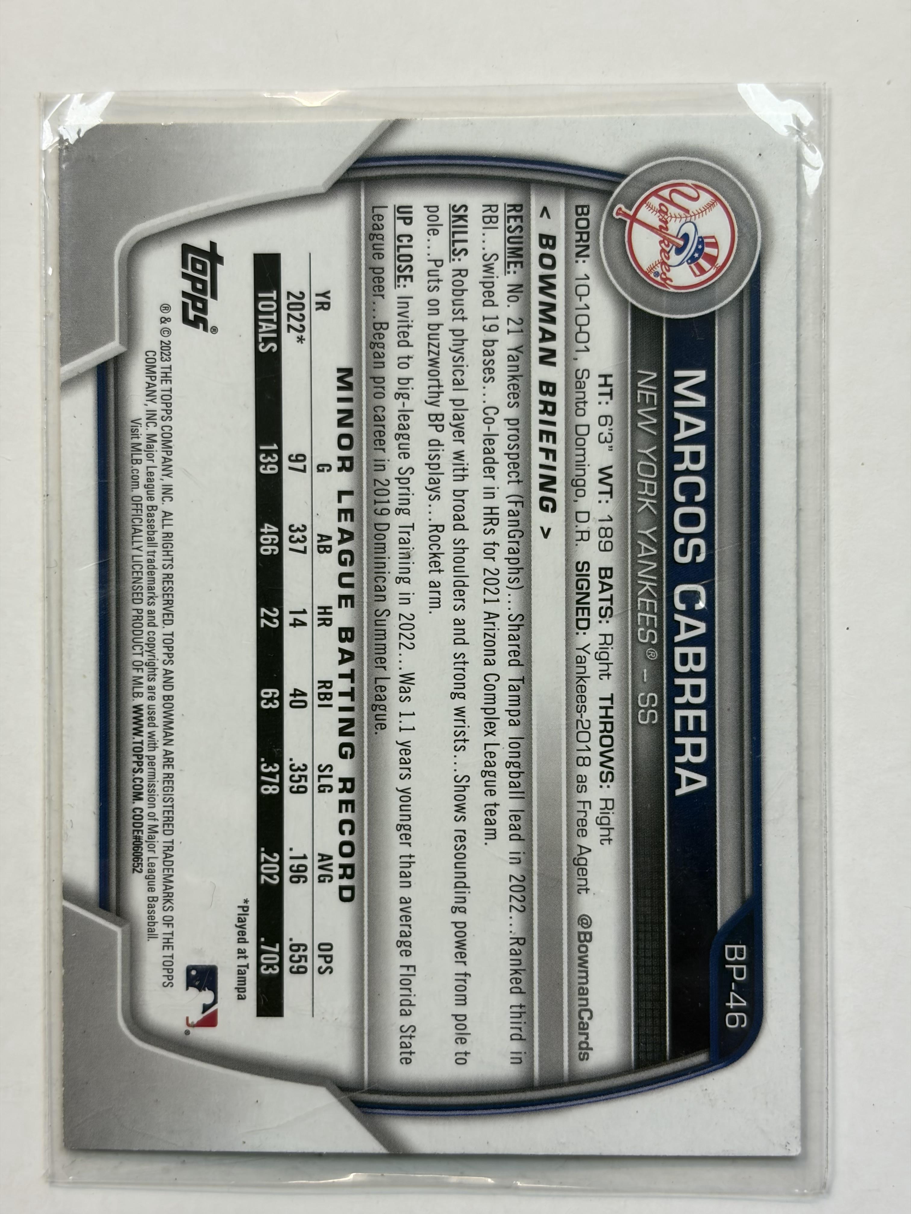 2023 Bowman #BP-46 Marcos Cabrera Bowman 1st Prospects