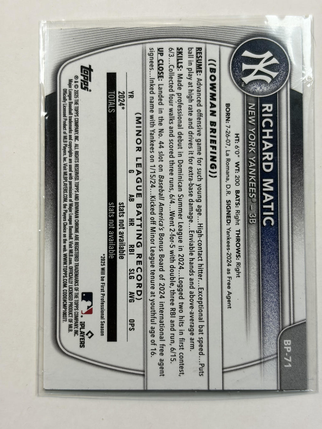 2025 Bowman BP-71 Richard Matic Bowman 1st Prospects New York Yankees - Polish Kings Auto Detail & Customs