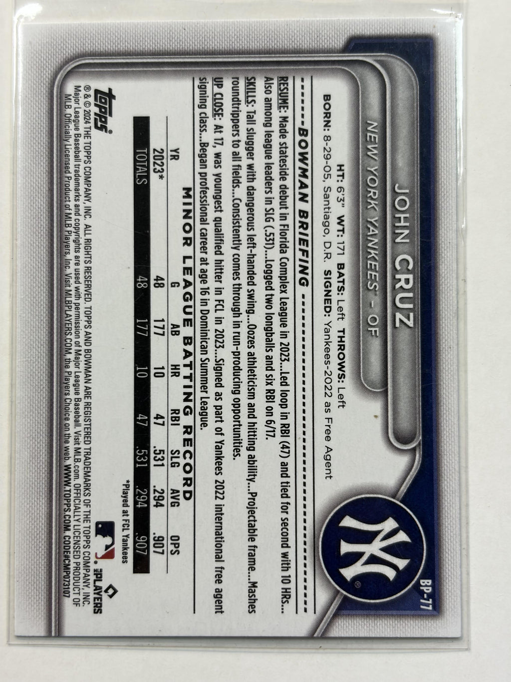 2024 Bowman BP-77 John Cruz Bowman 1st Prospects New York Yankees - Polish Kings Auto Detail & Customs