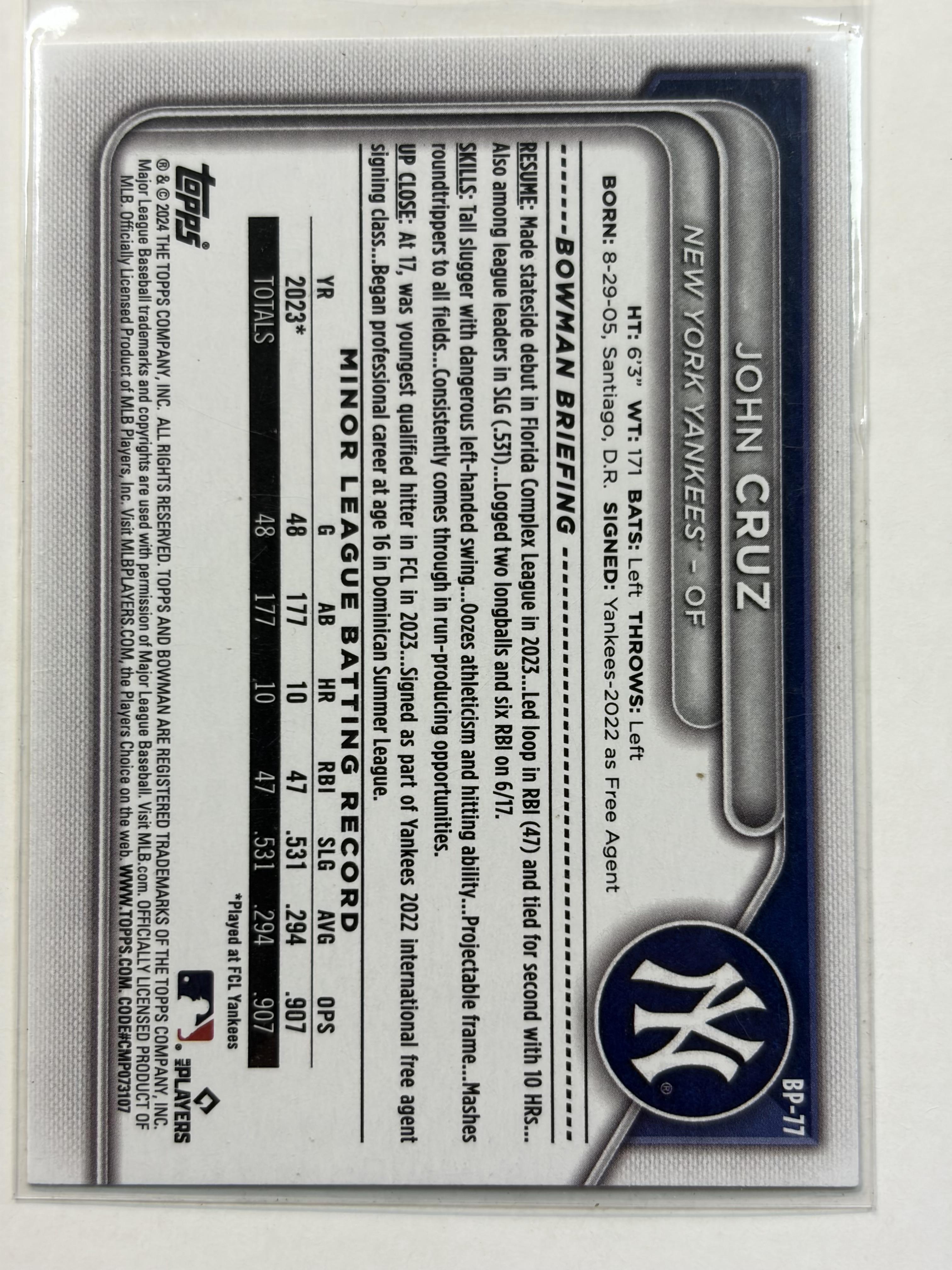 2024 Bowman BP-77 John Cruz Bowman 1st Prospects New York Yankees - Polish Kings Auto Detail & Customs