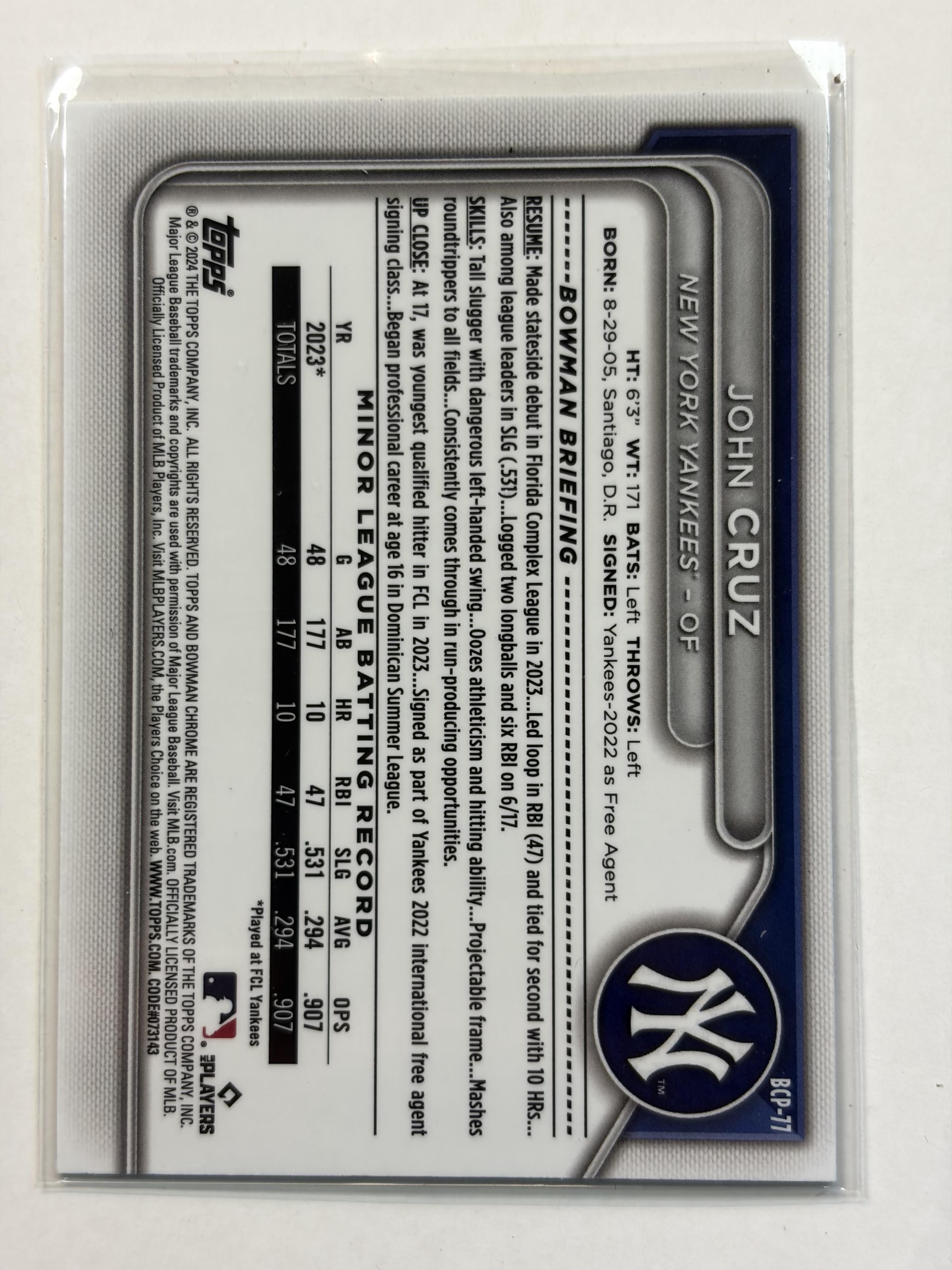 2024 Bowman Chrome BCP-77 John Cruz Bowman Chrome 1st - Polish Kings Auto Detail & Customs