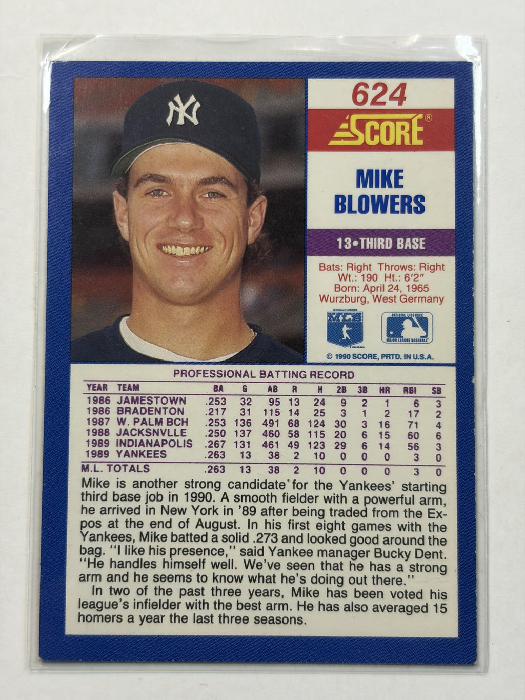 1990 Score 624 Mike Blowers Rookie Card New York Yankees - Polish Kings Auto Detail & Customs