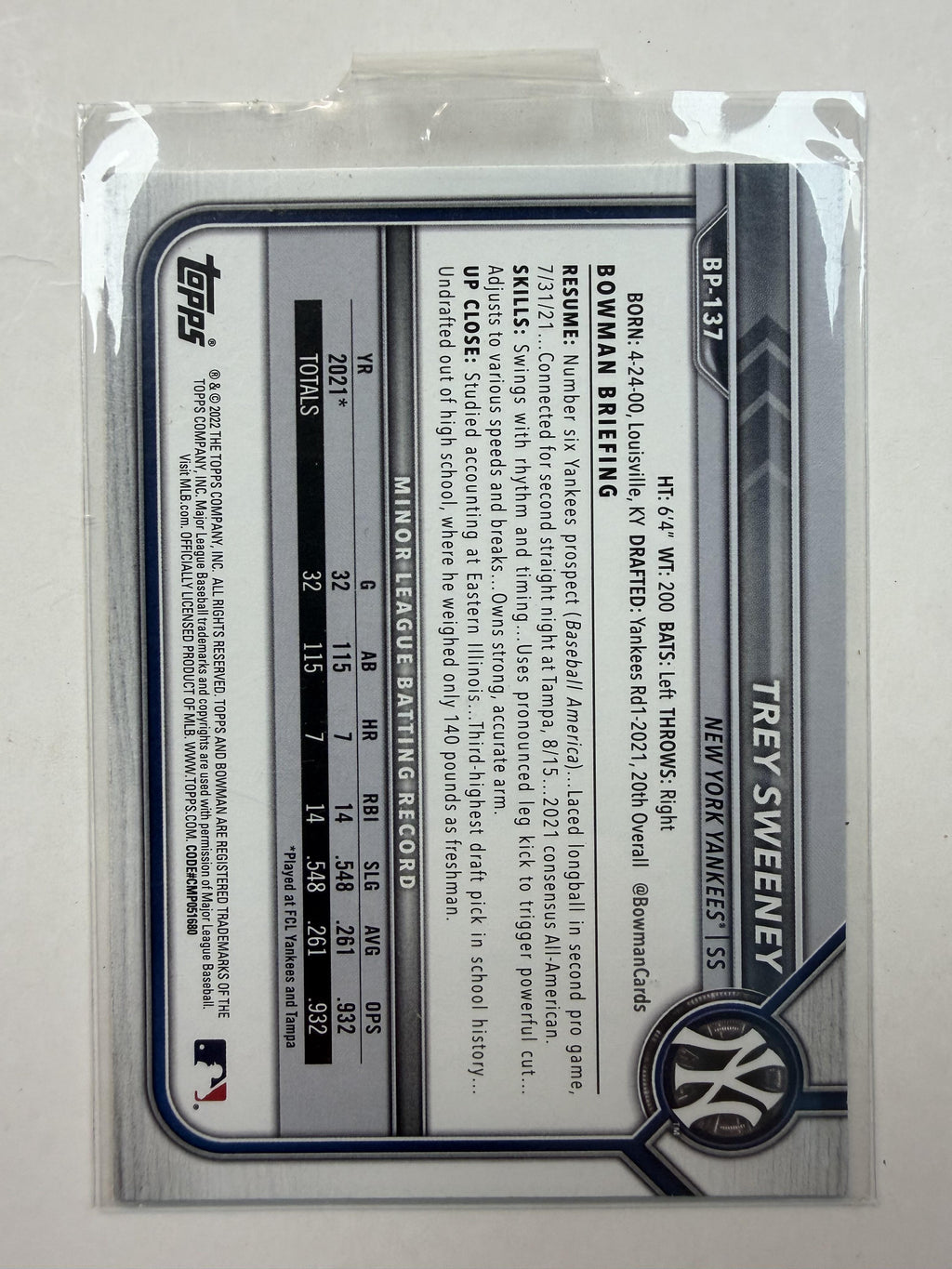2022 Bowman #BP-137 Trey Sweeney Prospects Bowman 1st Prospects Yankees,Tigers