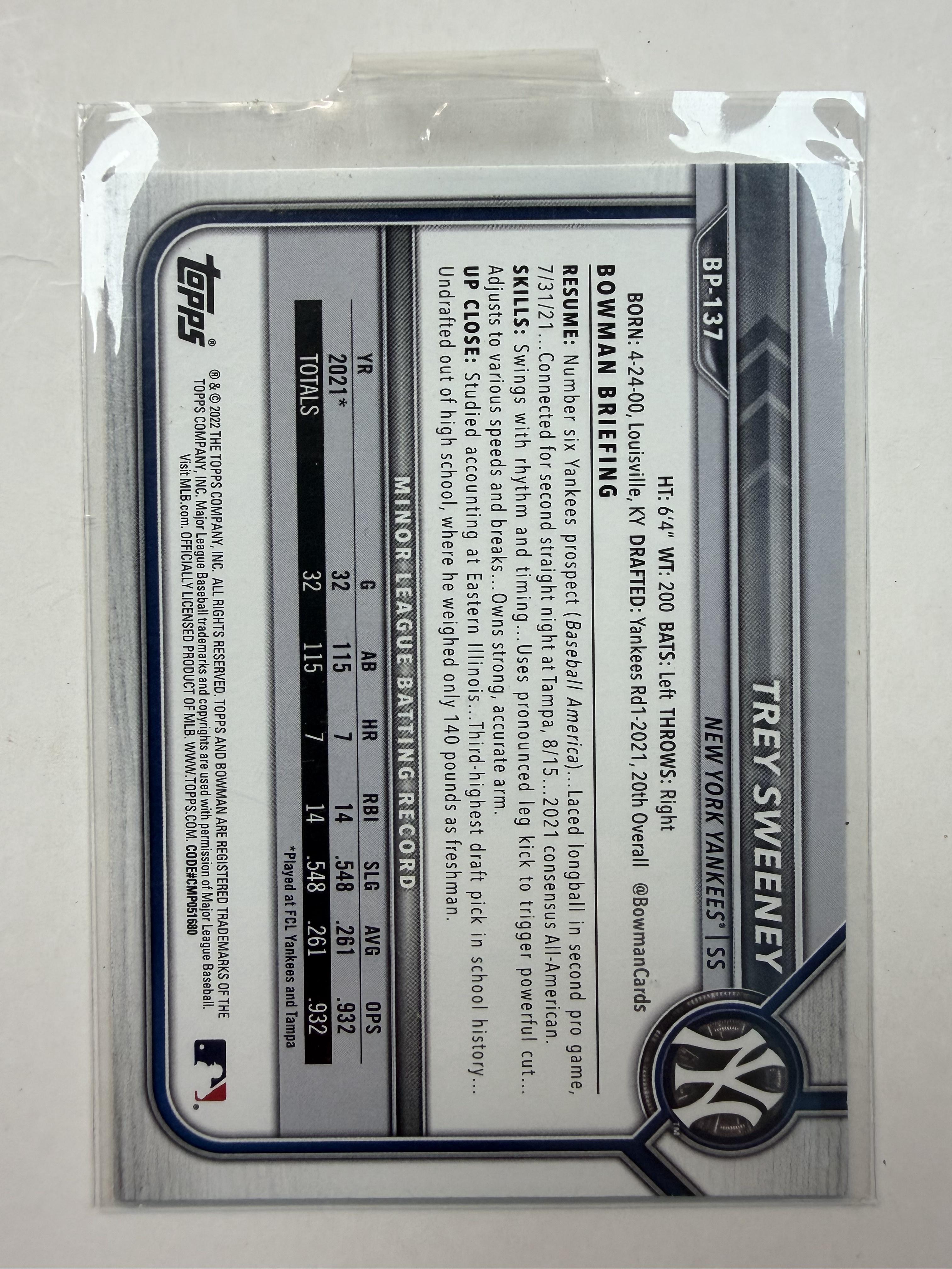 2022 Bowman #BP-137 Trey Sweeney Prospects Bowman 1st Prospects Yankees,Tigers
