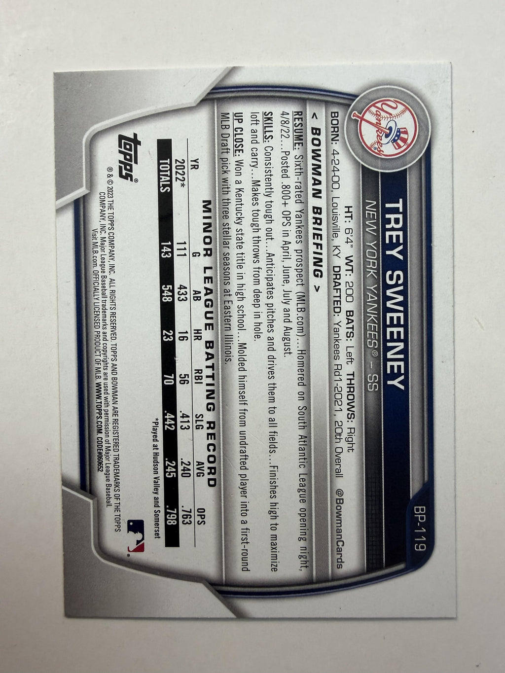 2023 Bowman #BP-119 Trey Sweeney Prospects Yankees ,Tigers