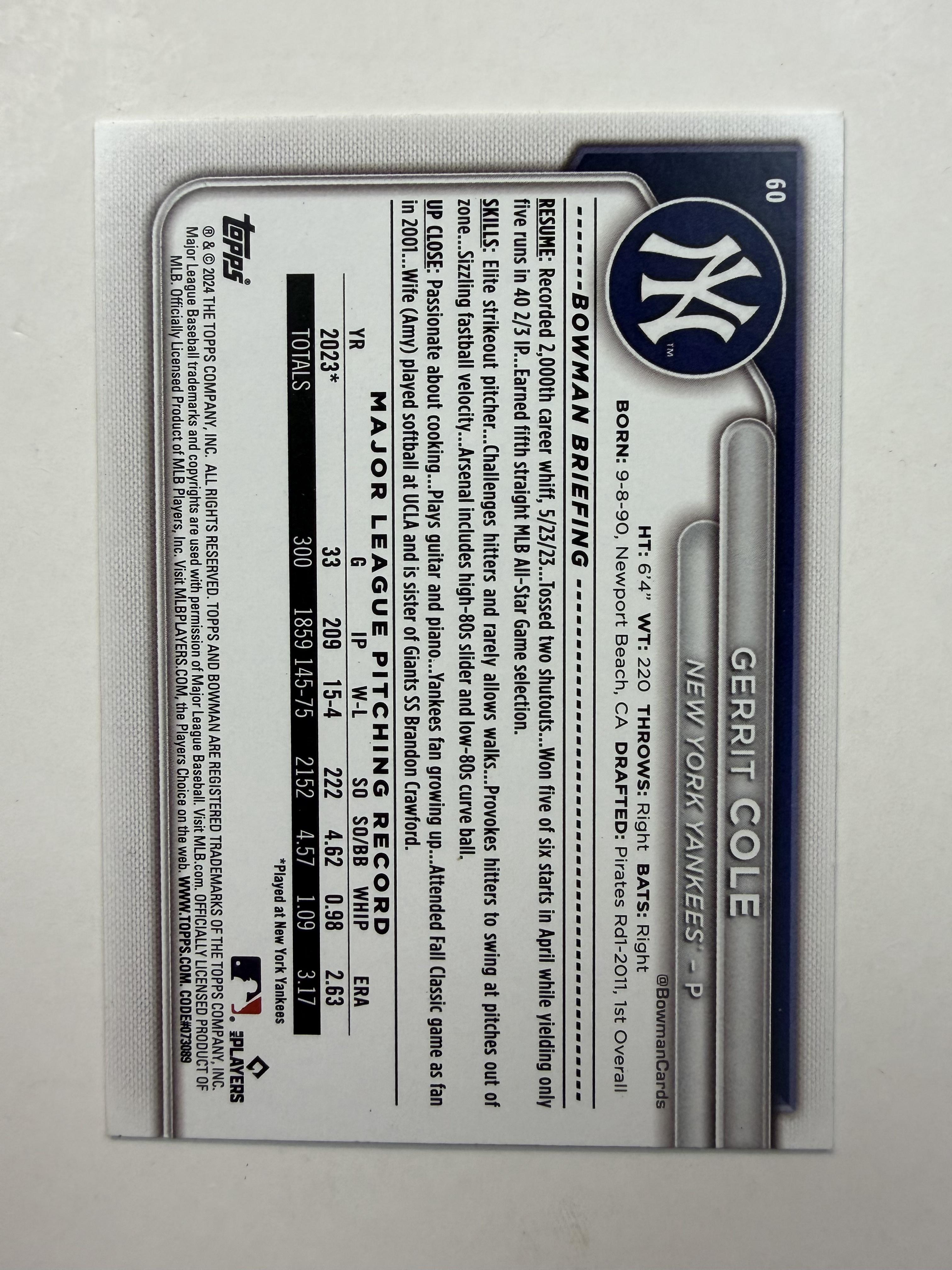 2024 Bowman #60 Gerrit Cole New York Yankees
