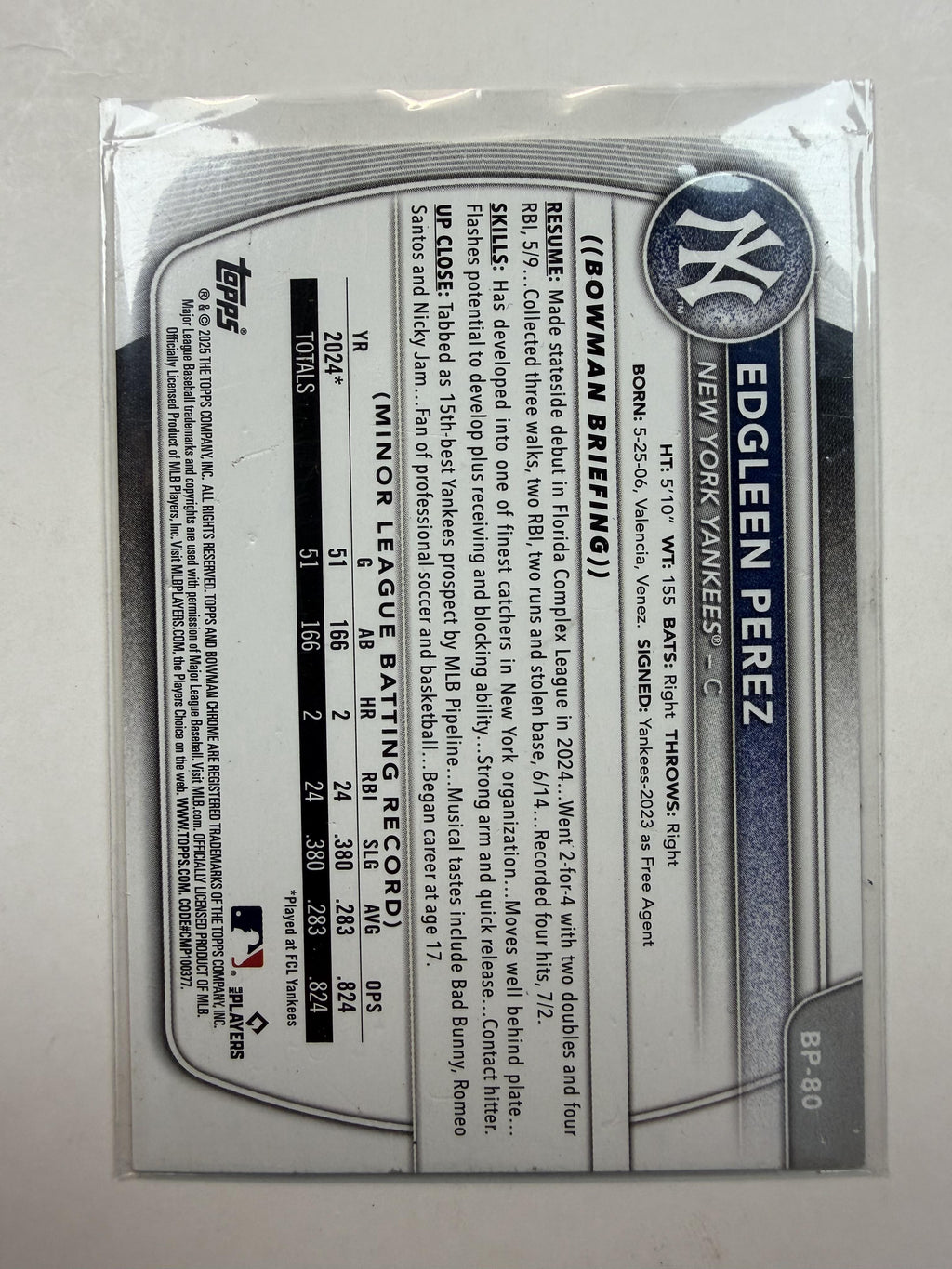 2025 Bowman #BP-80 Edgleen Perez Bowman 1st Prospects
