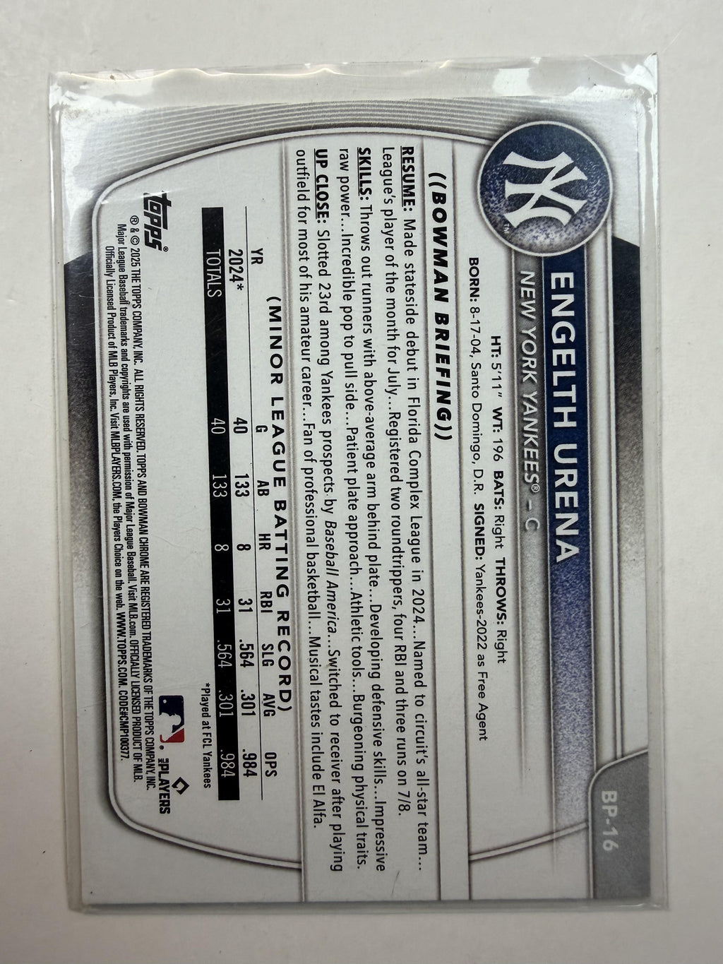 2025 Bowman #BP-16 Engelth Urena Bowman 1st Prospects