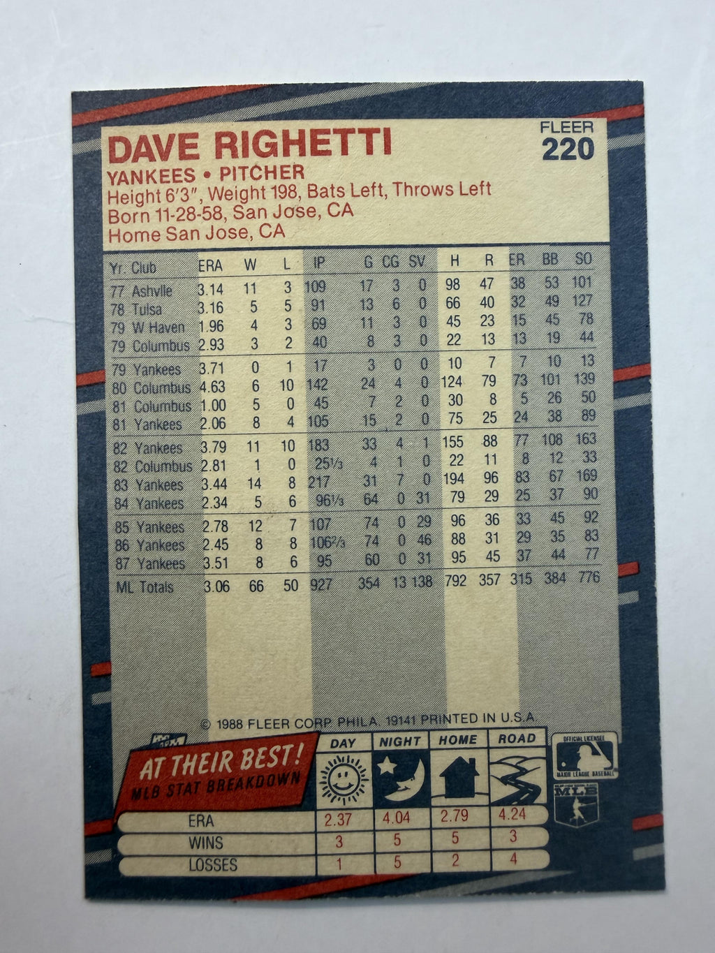 1988 Fleer #220 Dave Righetti New York Yankees