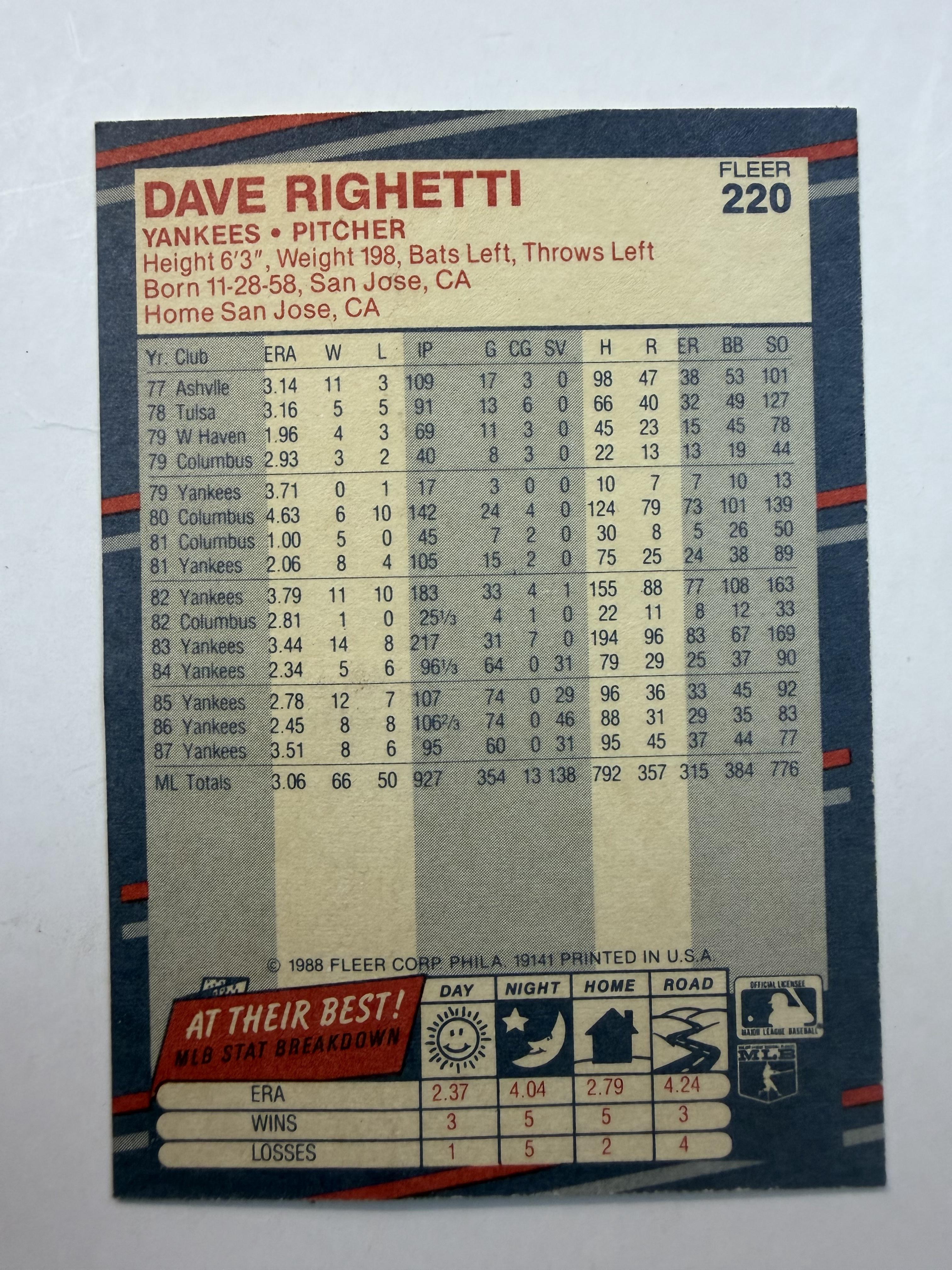 1988 Fleer #220 Dave Righetti New York Yankees