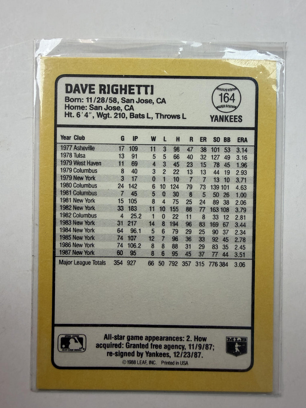1988 Donruss Baseball's Best #164 Dave Righetti New York Yankees