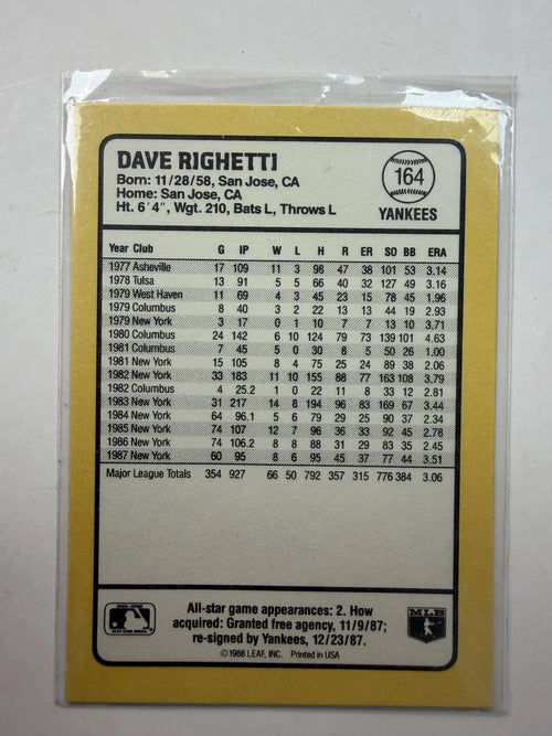 Back of Card 1988 Donruss Baseball's Best #164 Dave Righetti New York Yankees - Polish Kings Auto Detail & Customs