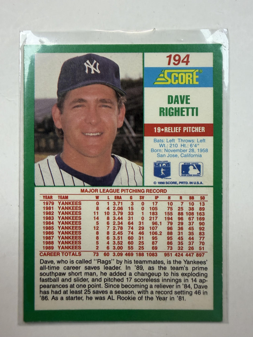 1990 Score #194 Dave Righetti