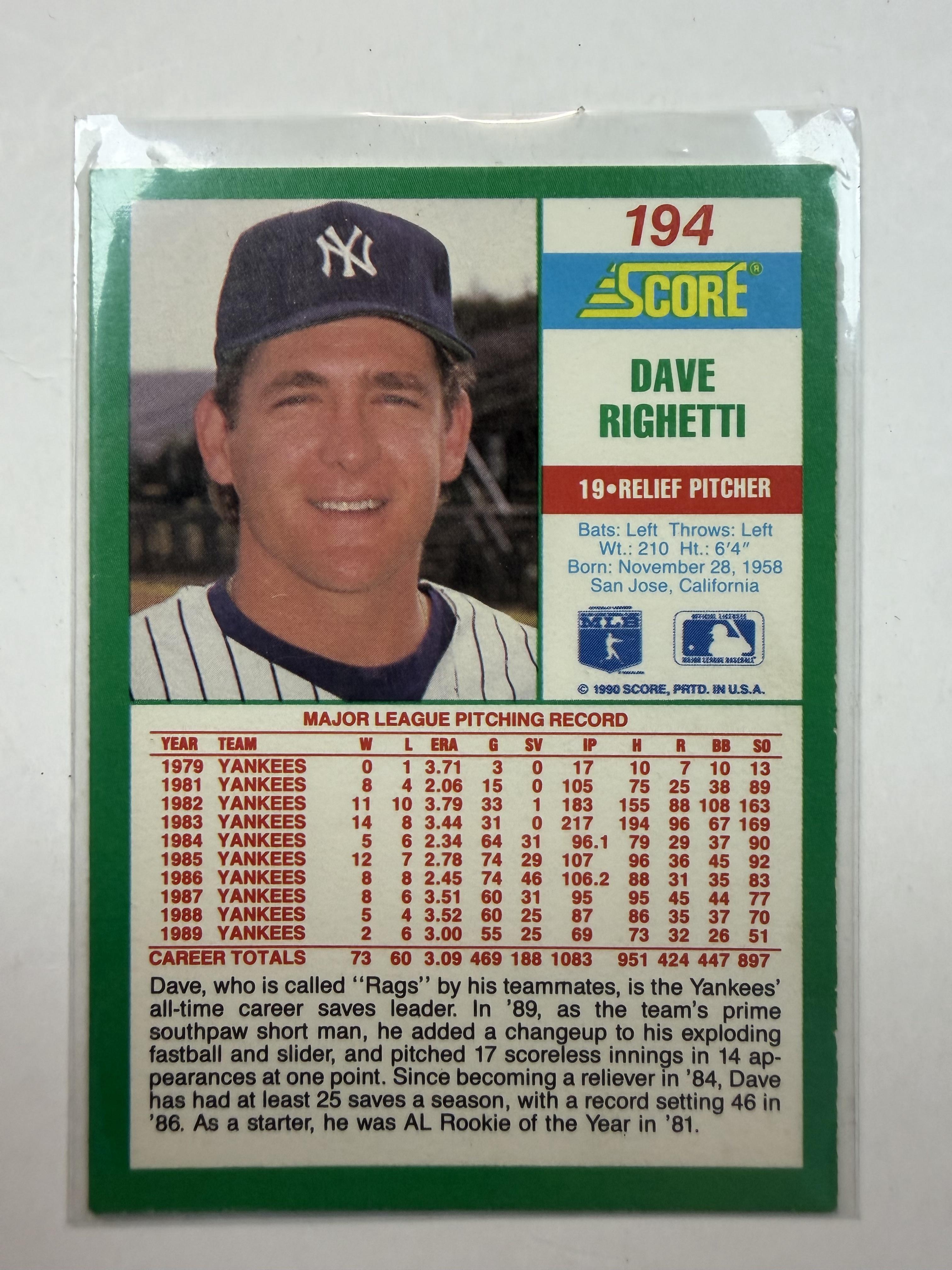 1990 Score #194 Dave Righetti