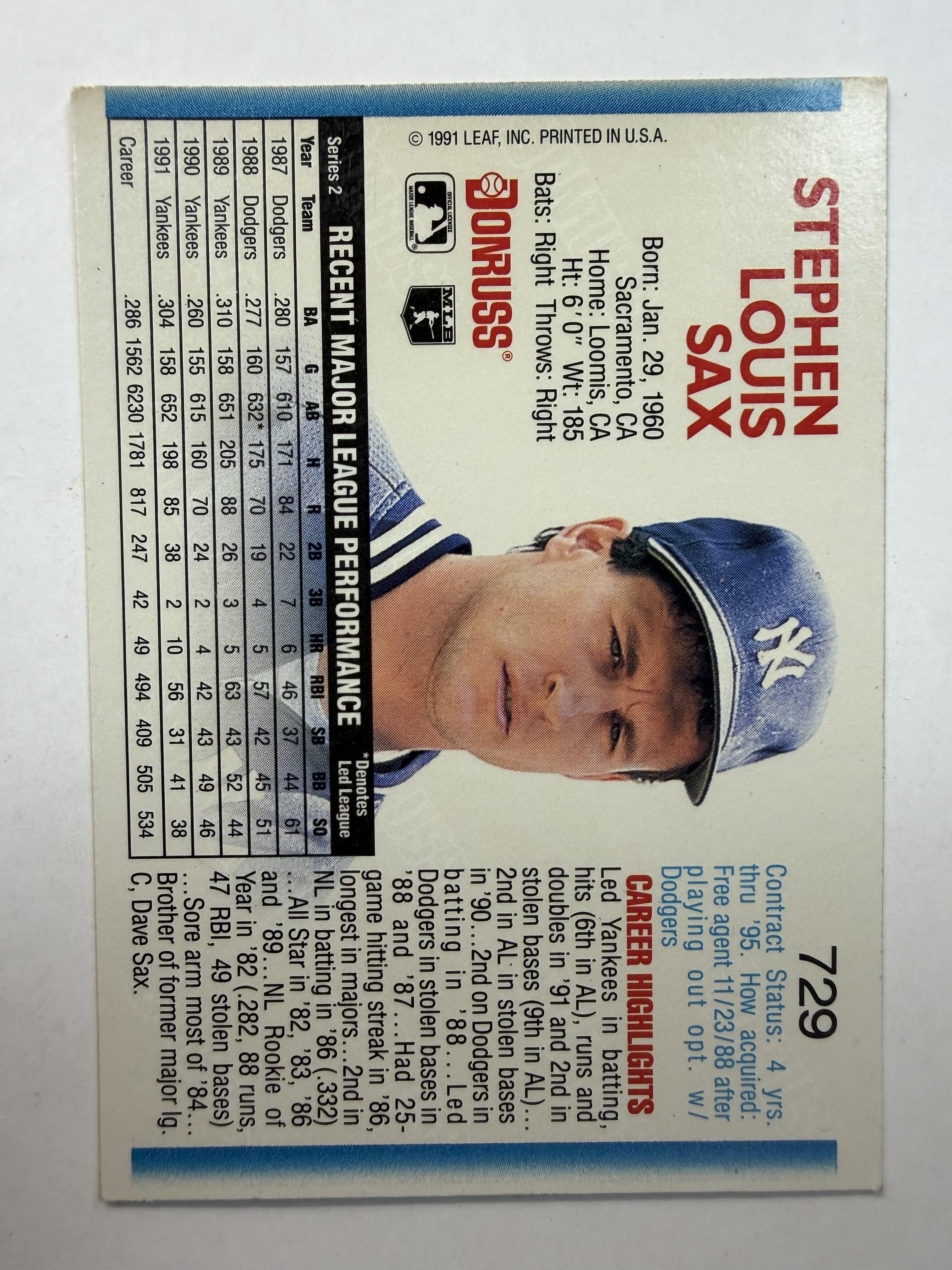 1992 Donruss 729 Steve Sax New York Yankees - Polish Kings Auto Detail & Customs