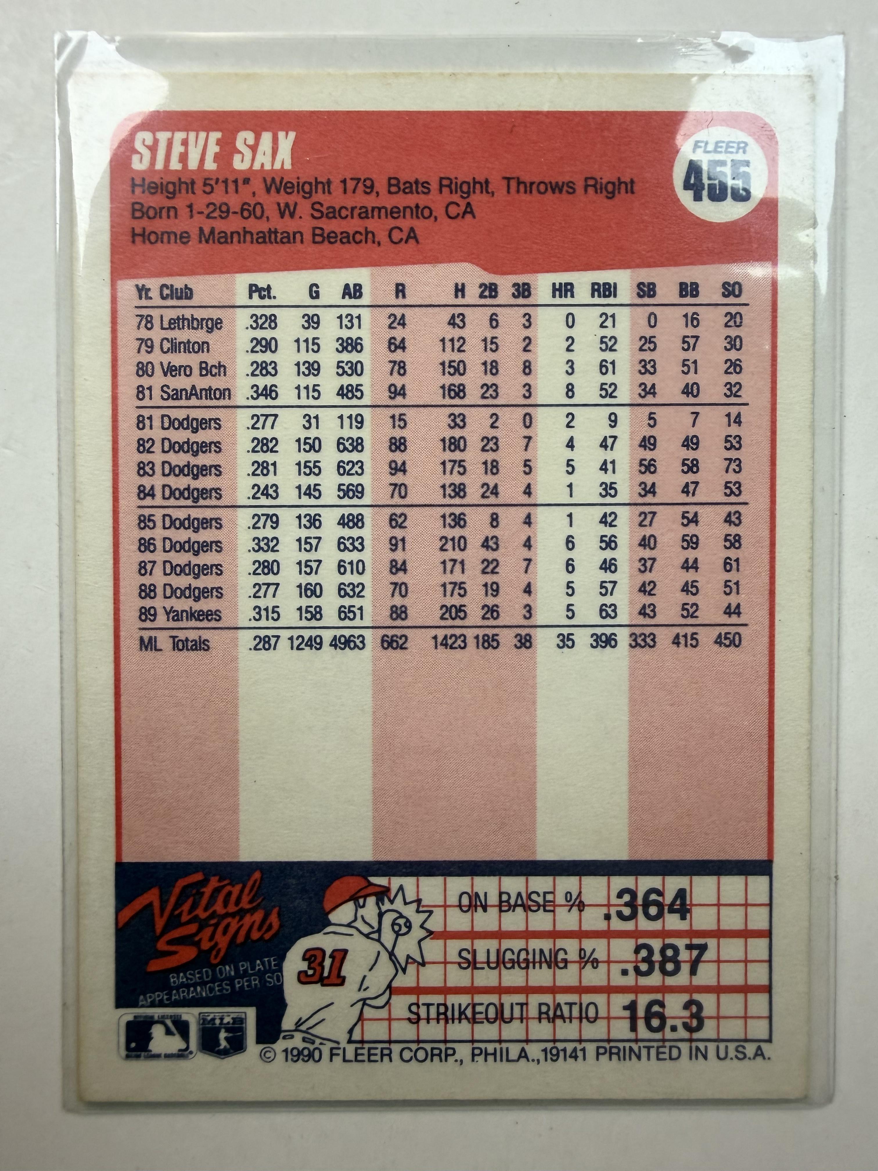 1990 Fleer #455 Steve Sax New York Yankees
