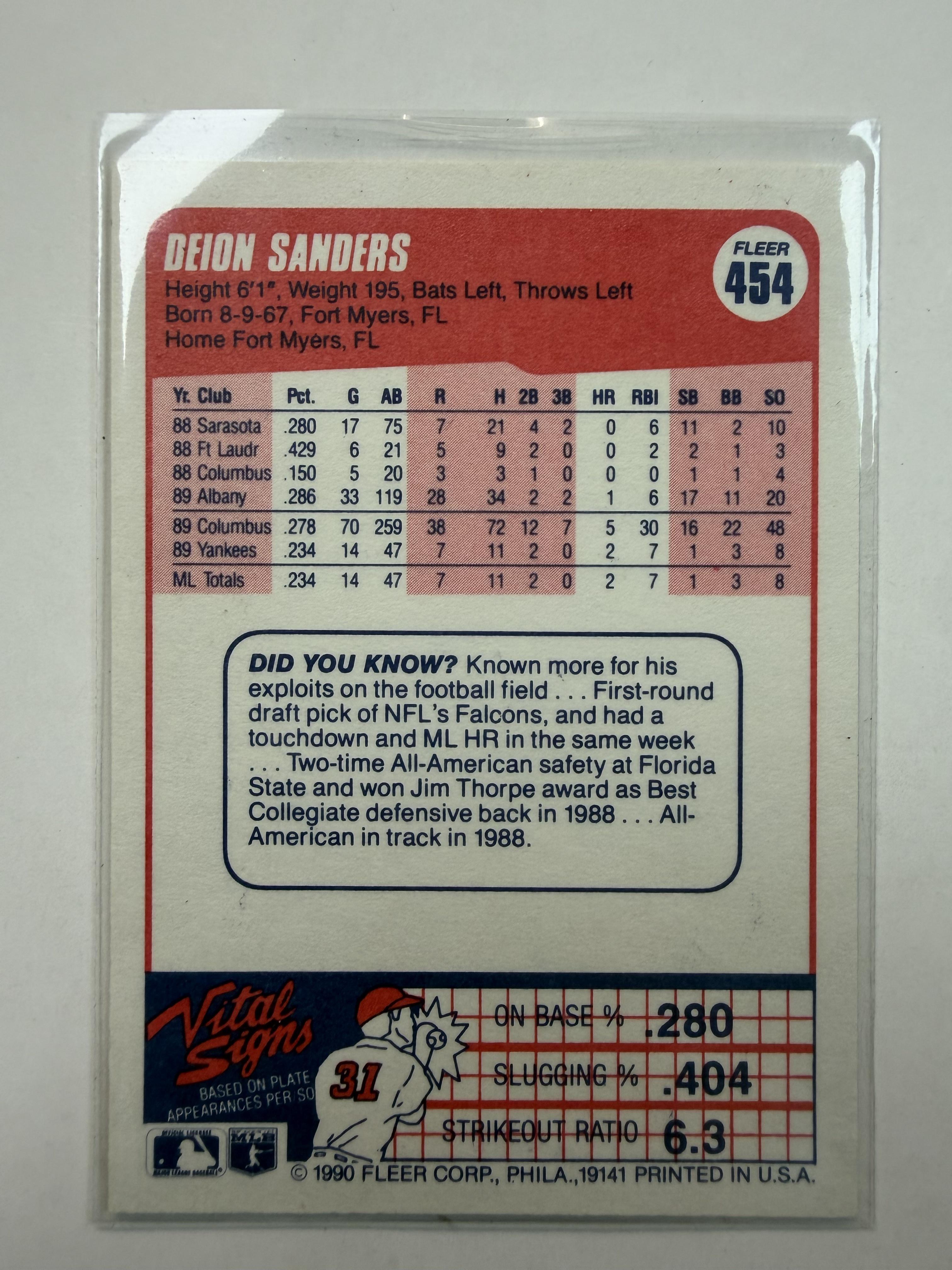 1990 Fleer #454 Deion Sanders Rookie Card New York Yankees