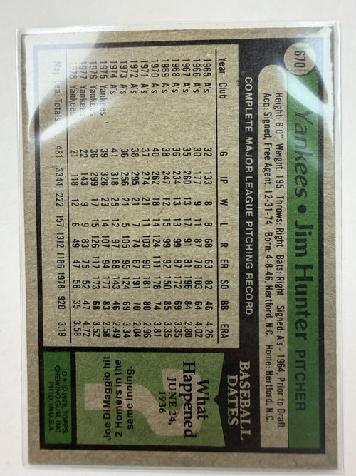 1979 Topps #670 Jim Hunter New York Yankees